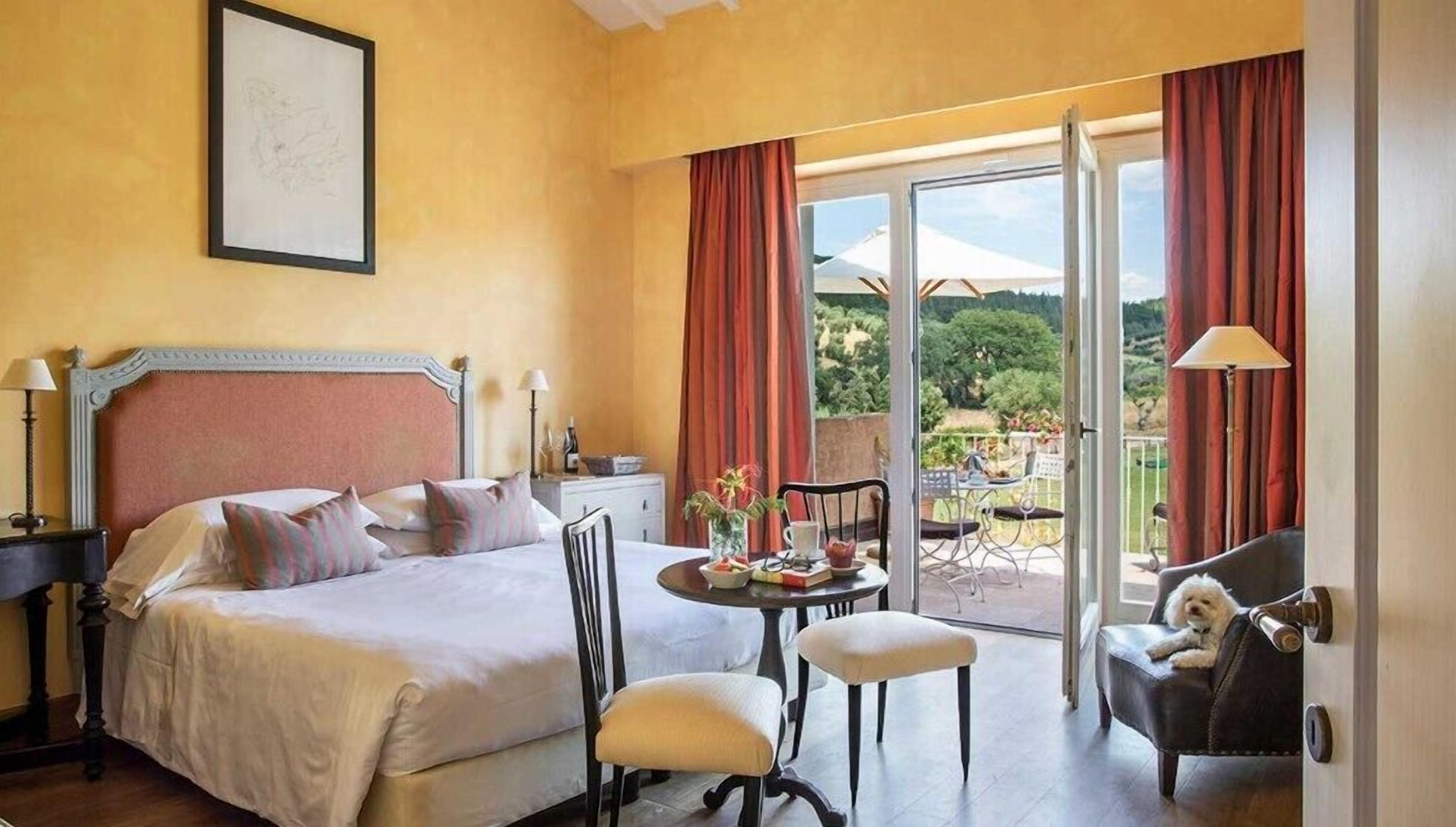 A hotel room with a bed, a small table with a vase, a chair, a balcony with a table and chairs, and a dog on a chair.