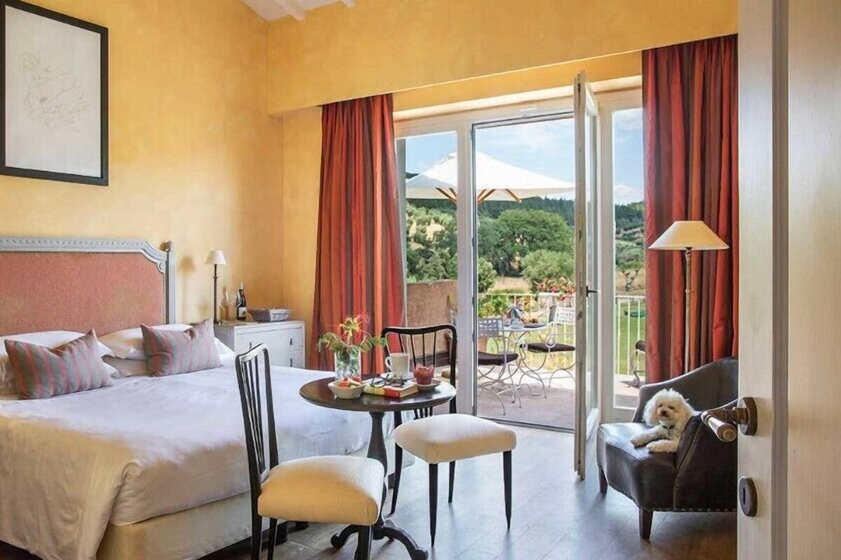 Una habitación de hotel con cama, una mesita con un florero, una silla, un balcón con mesa y sillas, y un perro en una silla.