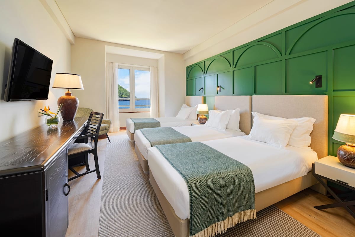 Une chambre d’hôtel avec deux lits, un bureau et une télévision.
