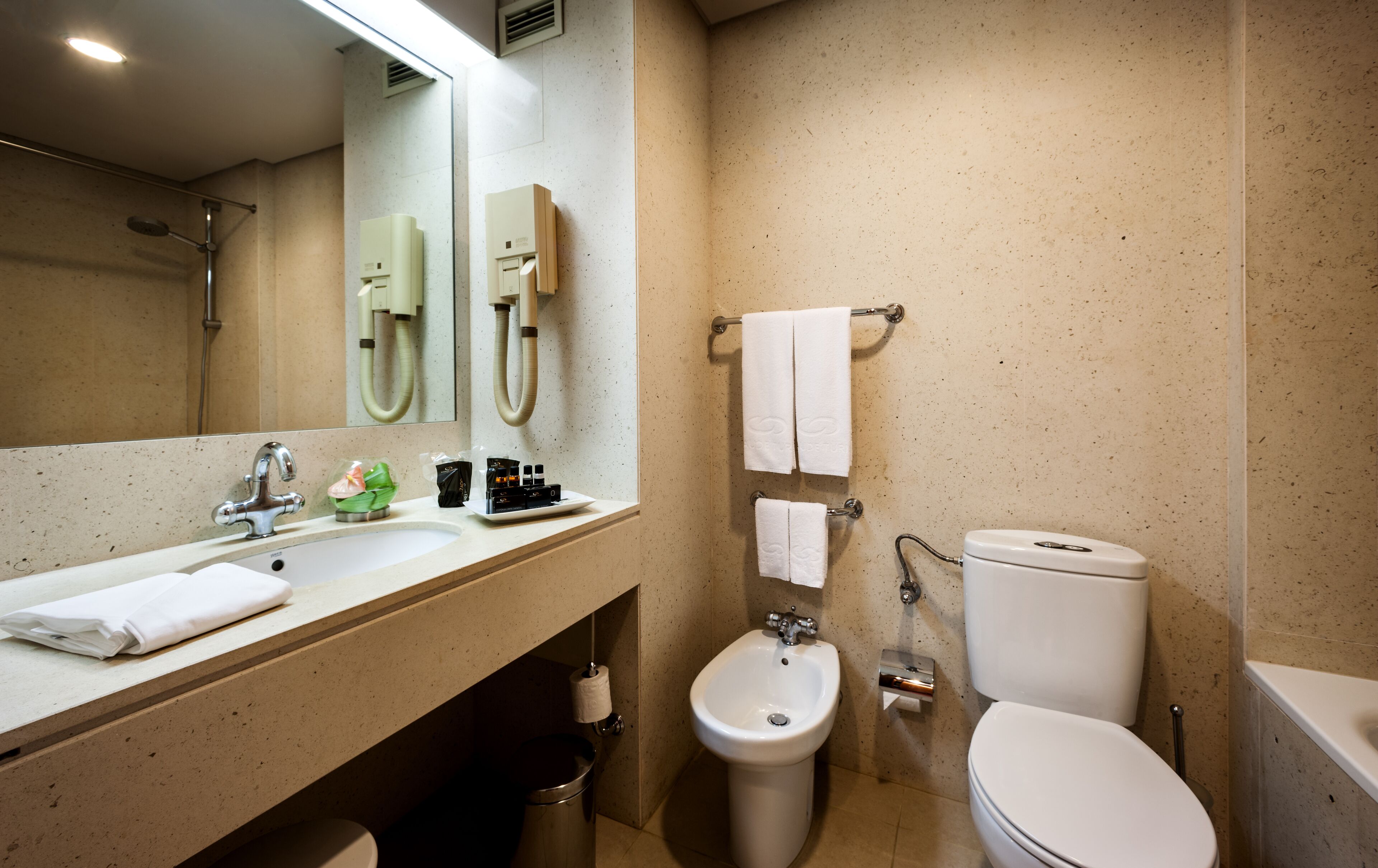 free toiletries, hair dryer, bidet, towels