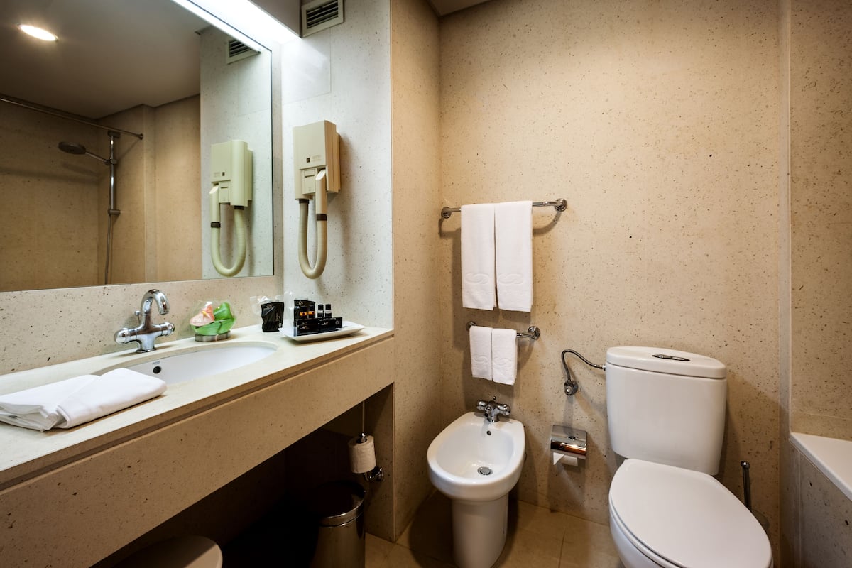 free toiletries, hair dryer, bidet, towels