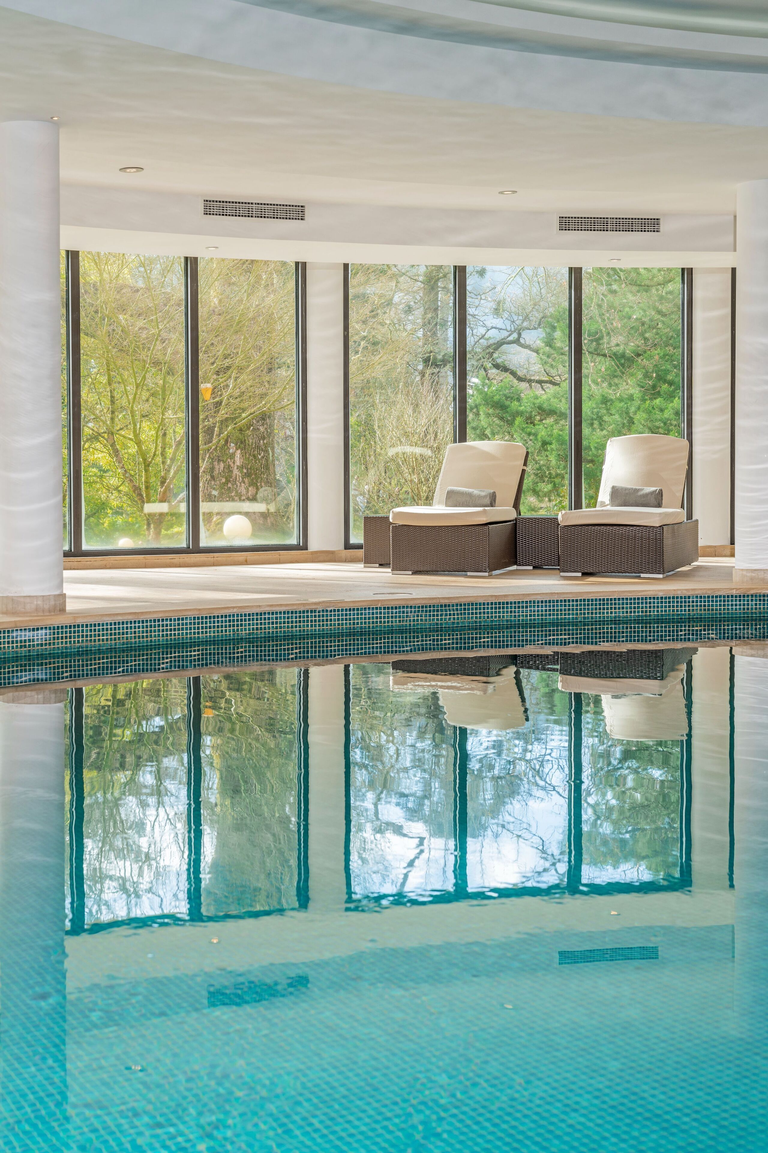 Indoor pool, outdoor pool, pool loungers