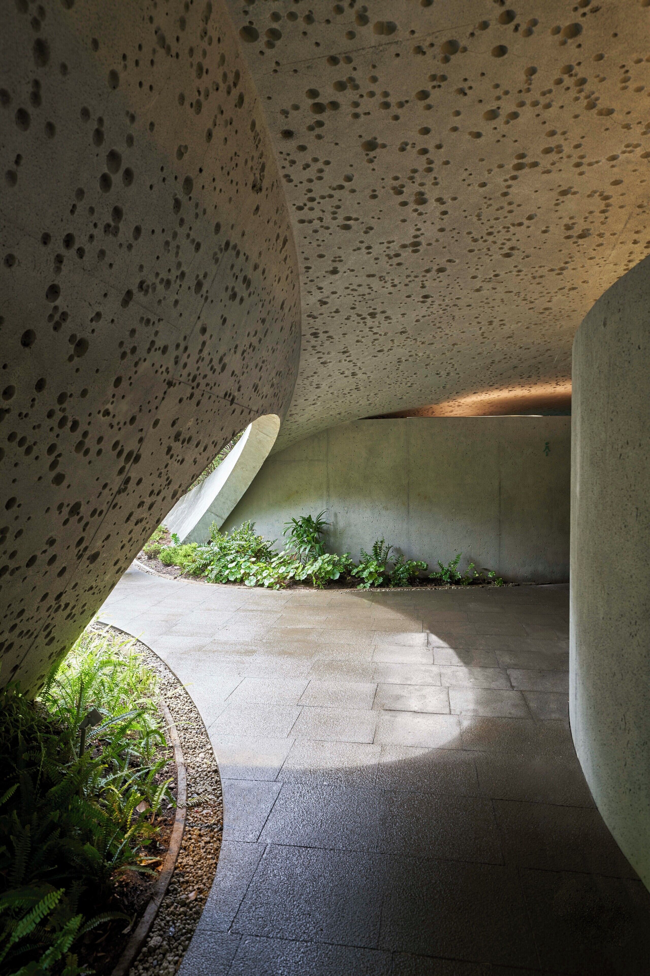 An interior with curved concrete structures, a paved floor, and some greenery.