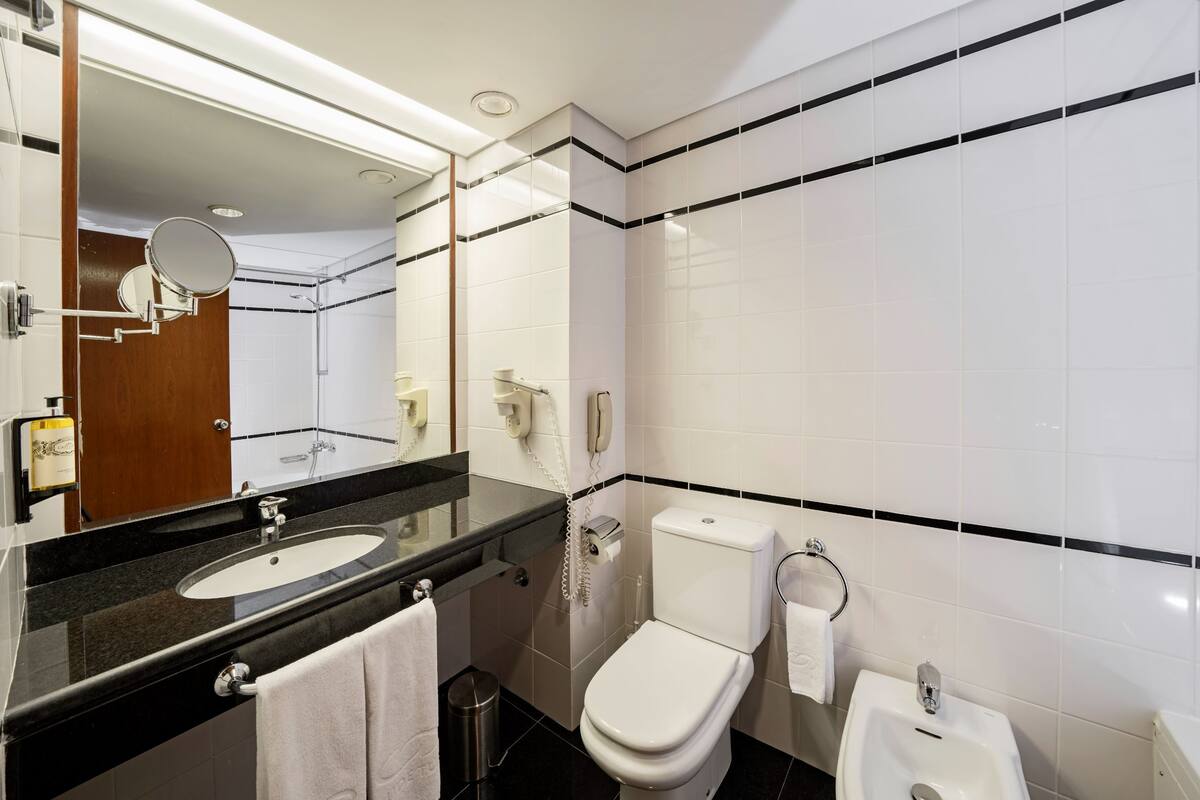 combined shower/bathtub, free toiletries, hair dryer, bidet