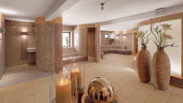 Relax in a serene spa area with a curved mosaic wall, seating area, and large mirror.