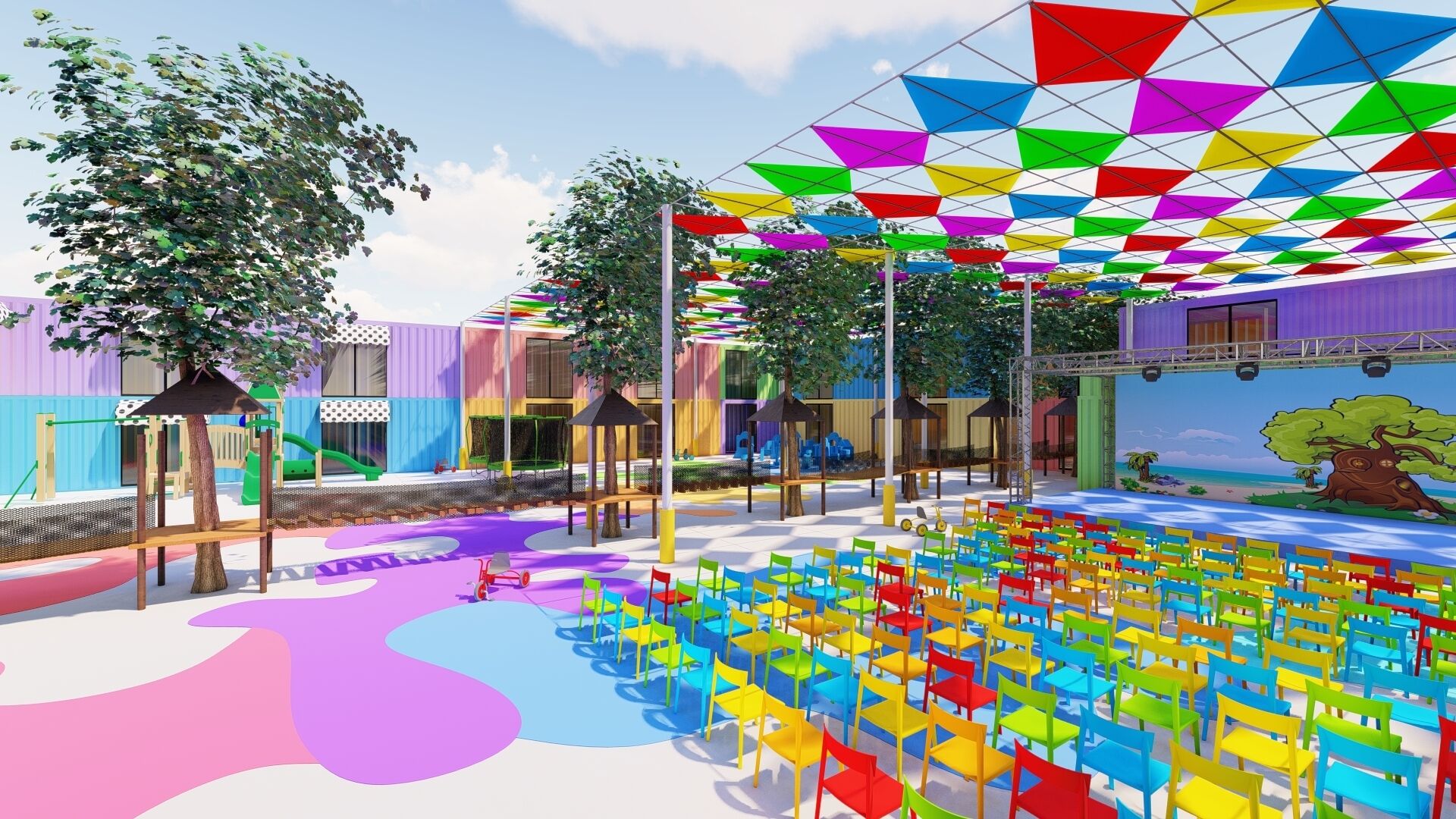 A colorful outdoor seating area with a stage and trees.