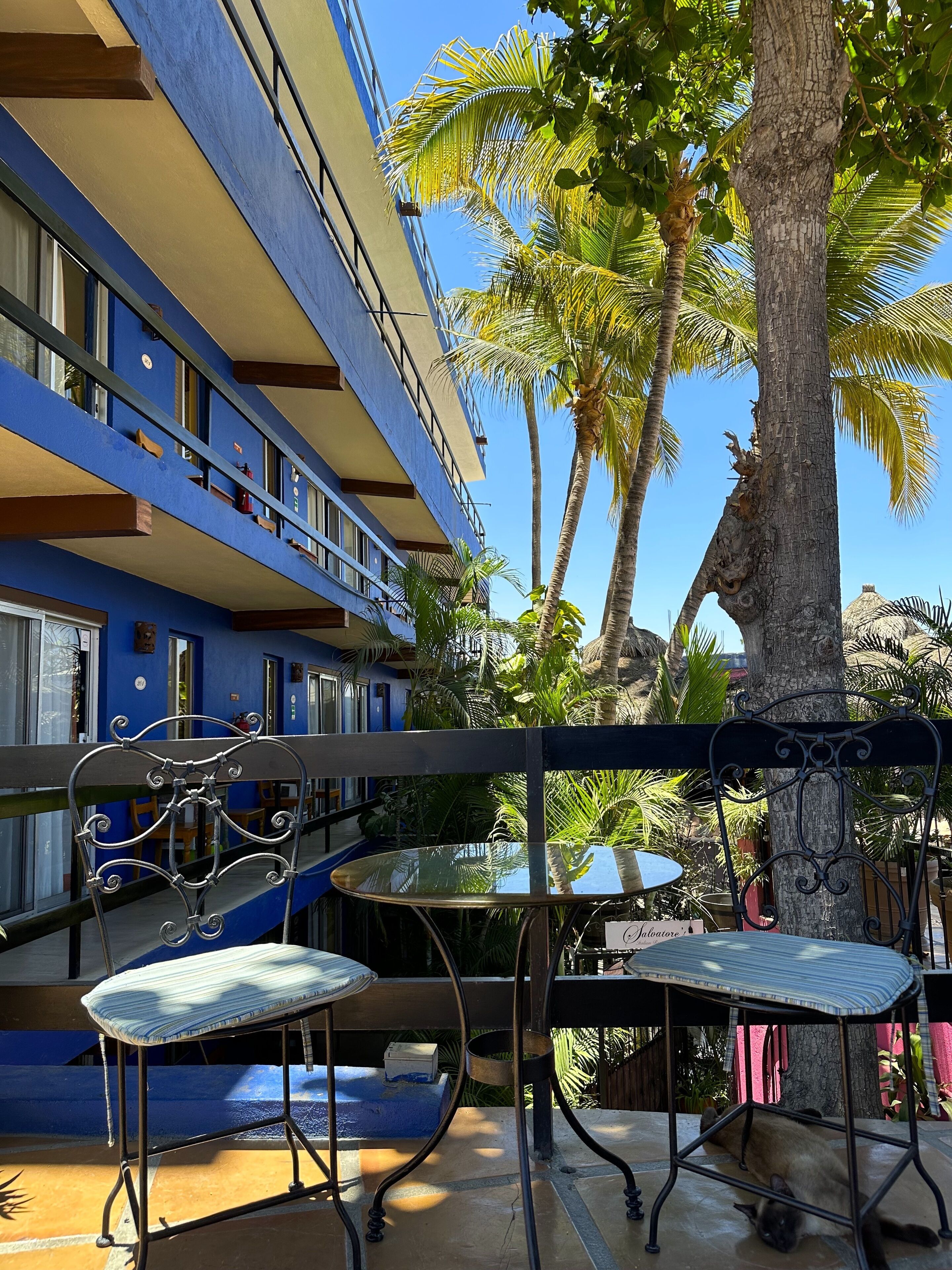 A blue building with balconies, a palm tree, and outdoor seating with a table and chair.