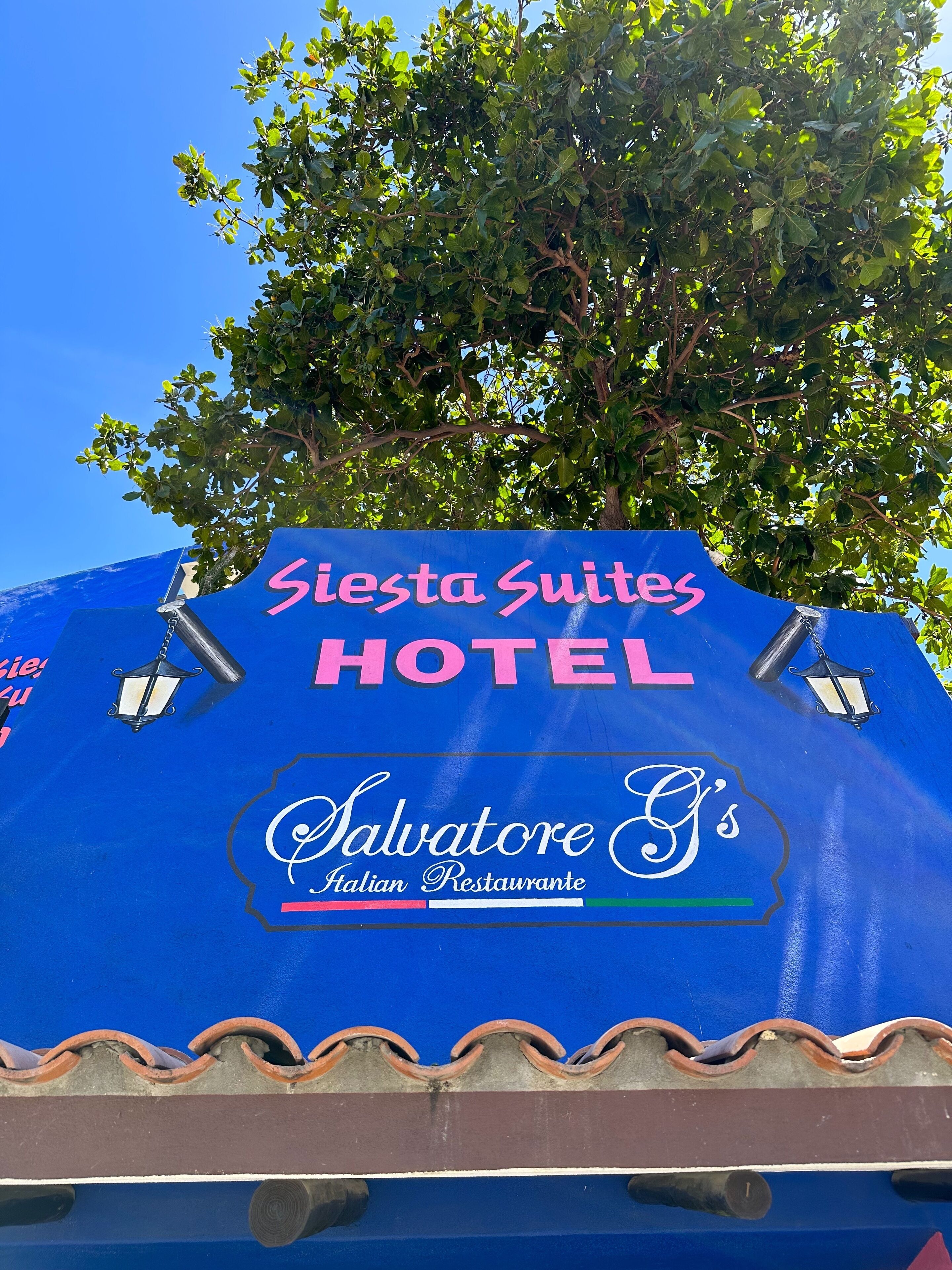 Schild für das Siesta Suites Hotel, im Hintergrund ein Baum.