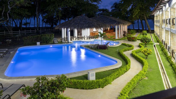 A swimming pool with a thatched-roof structure, surrounded by well-maintained greenery and a clear view of the ocean. - Fuego del Sol Beachfront Hotel (Jacó)