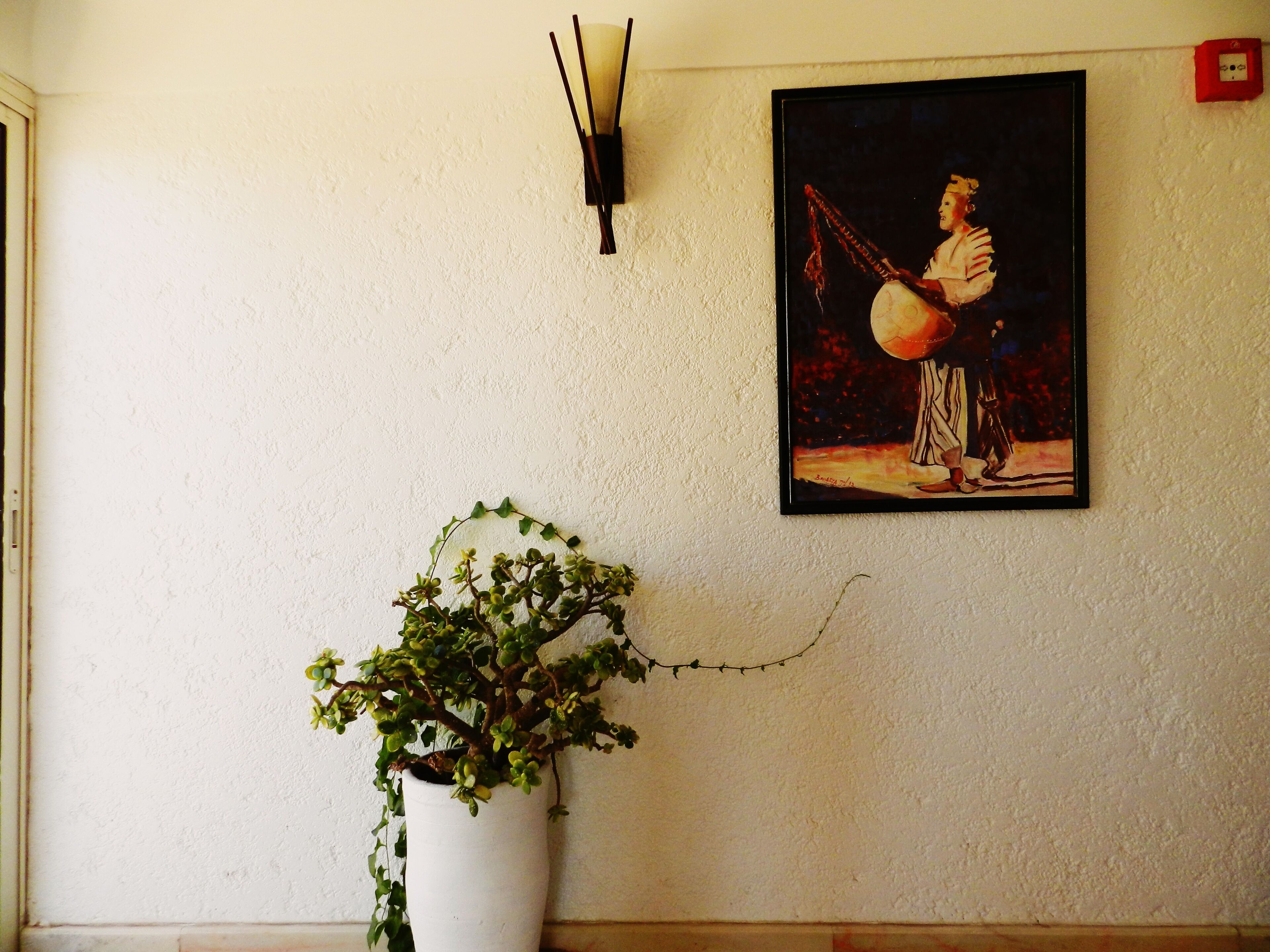 Un mur orné d’un tableau encadré représentant une personne jouant d’un instrument à cordes, d’une plante en pot et d’un luminaire fixé au mur.