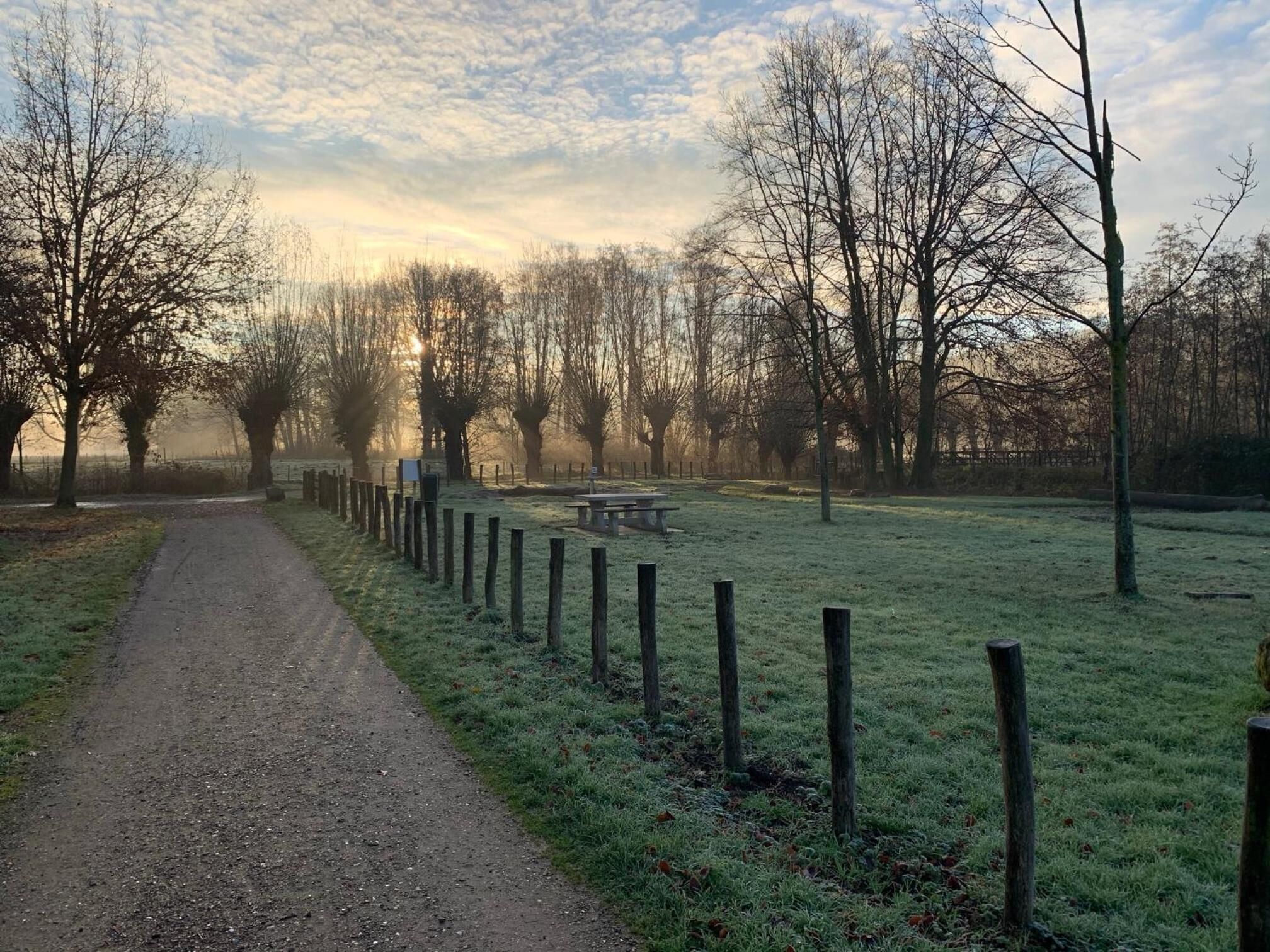 Een park met een onverhard pad, houten omheining en een picknicktafel.