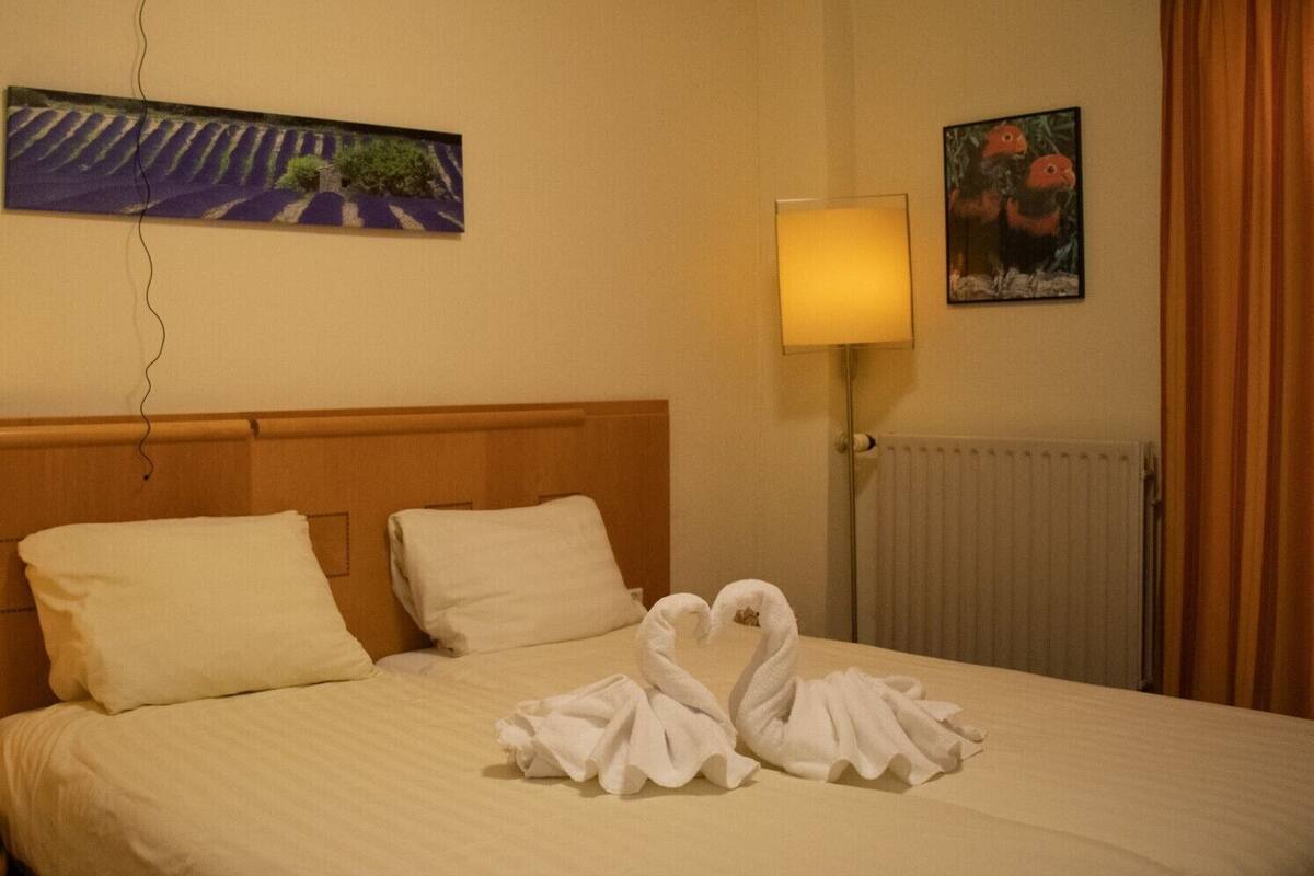 Une chambre d’hôtel avec un lit, un tableau au mur, une lampe et une fenêtre avec des rideaux.