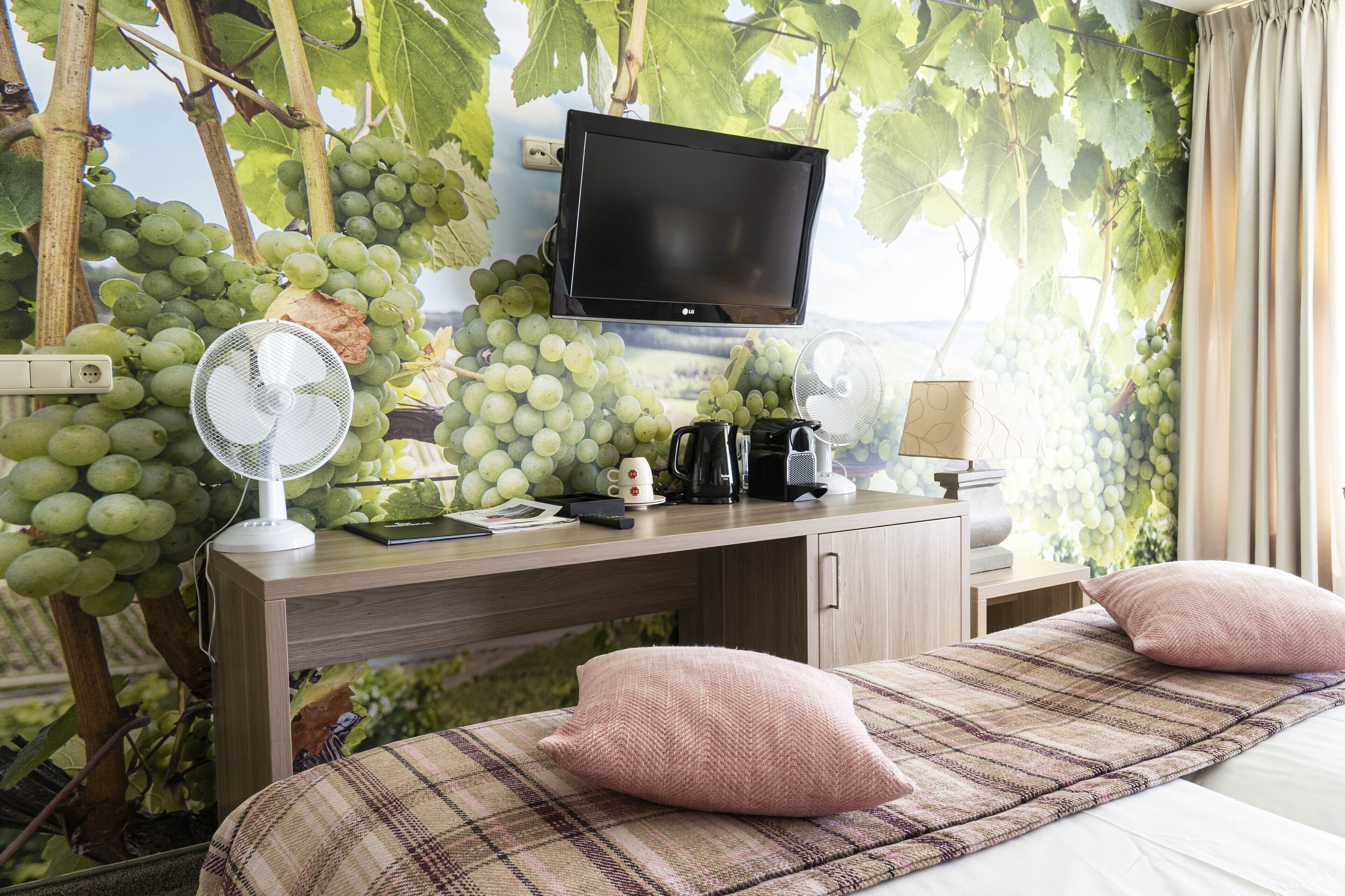 Un dormitorio con cama, escritorio, televisor y un mural en la pared con motivos de uvas.