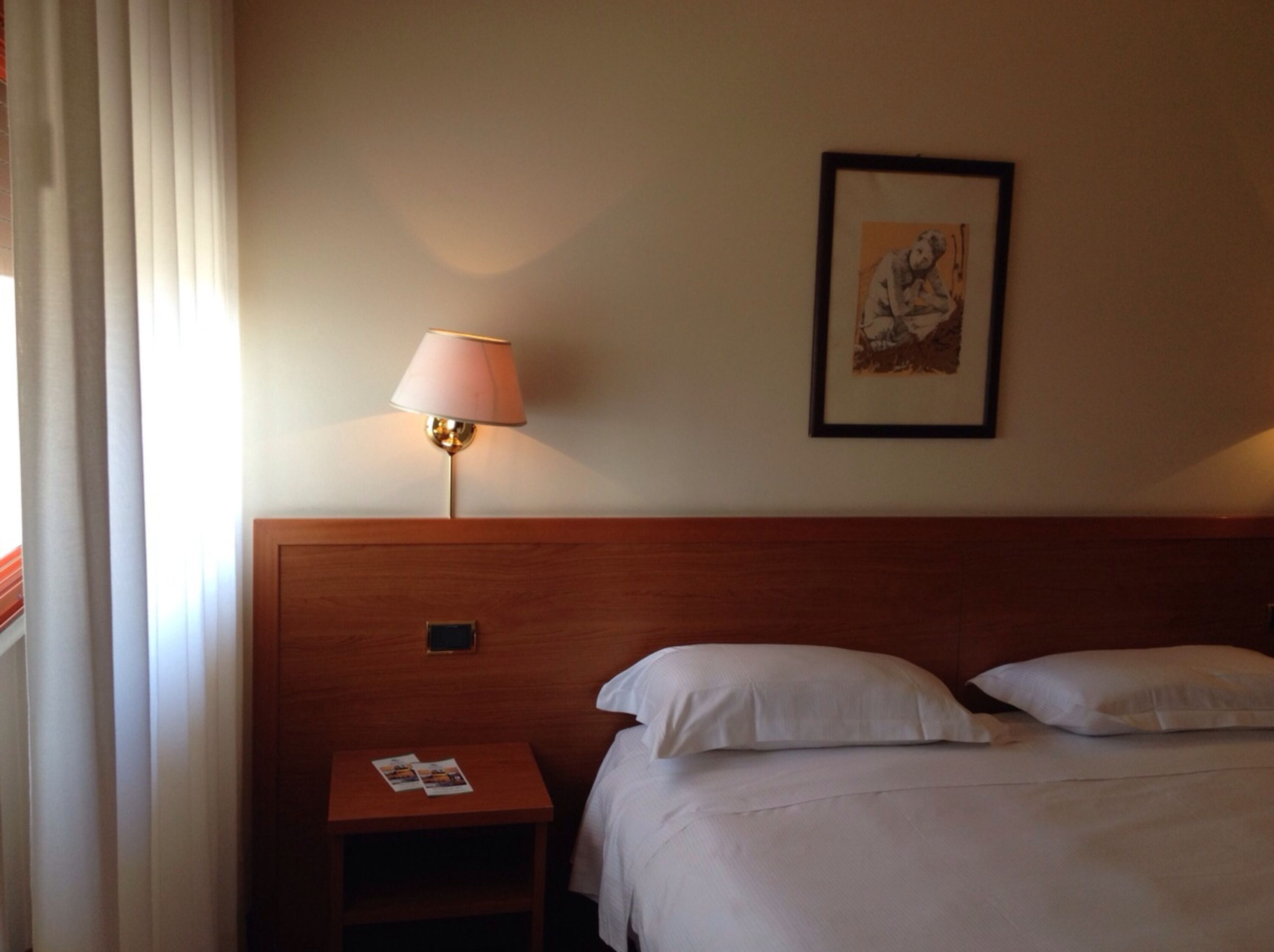 A hotel room with a wooden headboard, a bedside table with a lamp, a framed picture on the wall, and a bed with white linens.