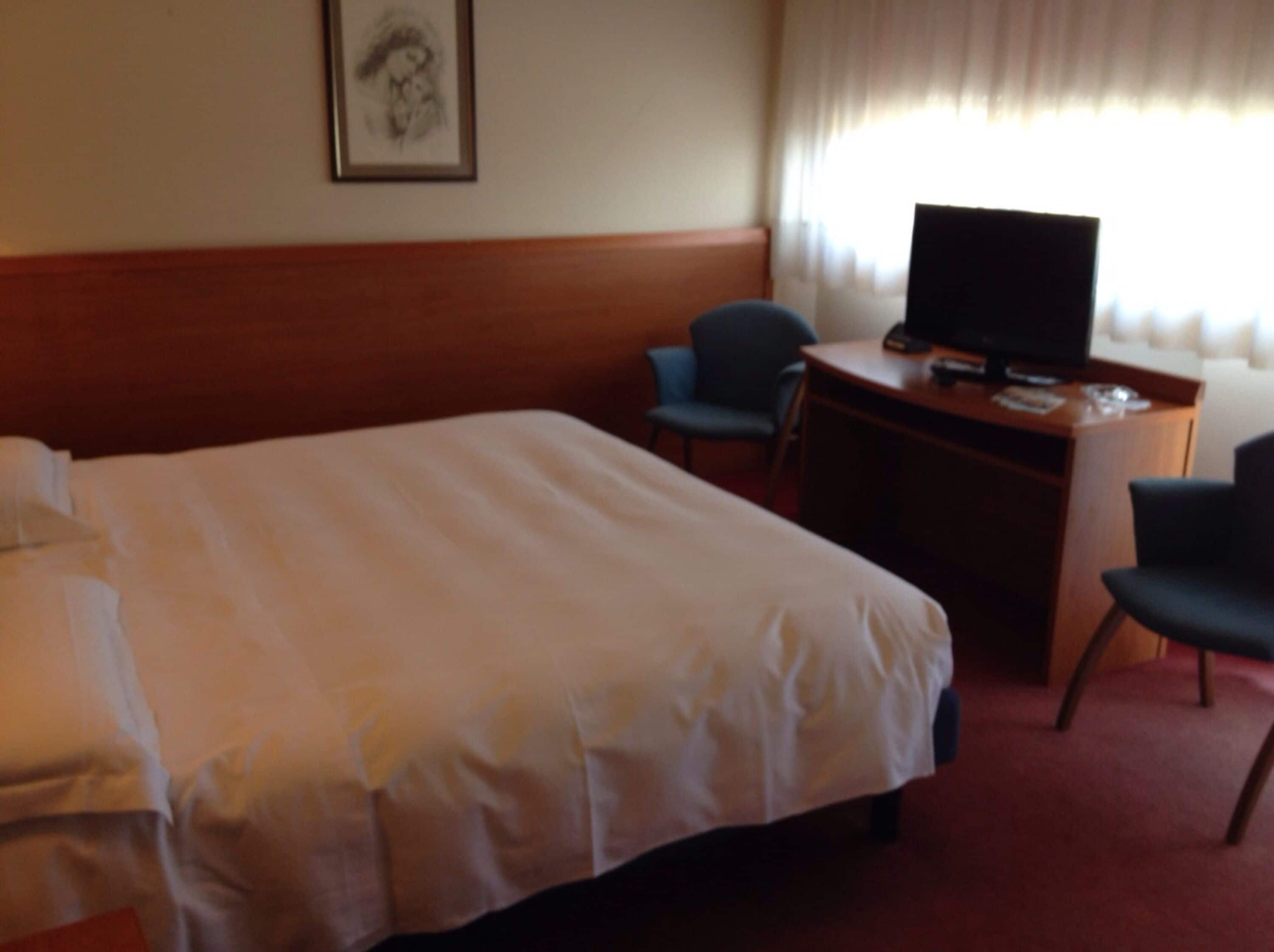 A hotel room with a large bed, a desk with a television, and two chairs.