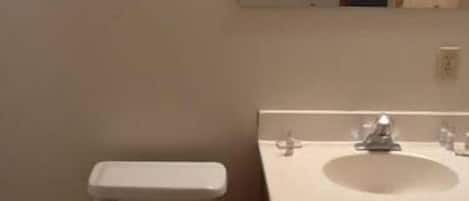 A bathroom with a toilet, sink, and mirror.