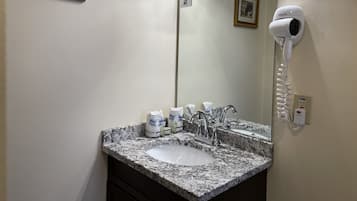A bathroom with a marble sink, a large mirror, a hairdryer mounted on the wall, and a framed picture above the mirror.