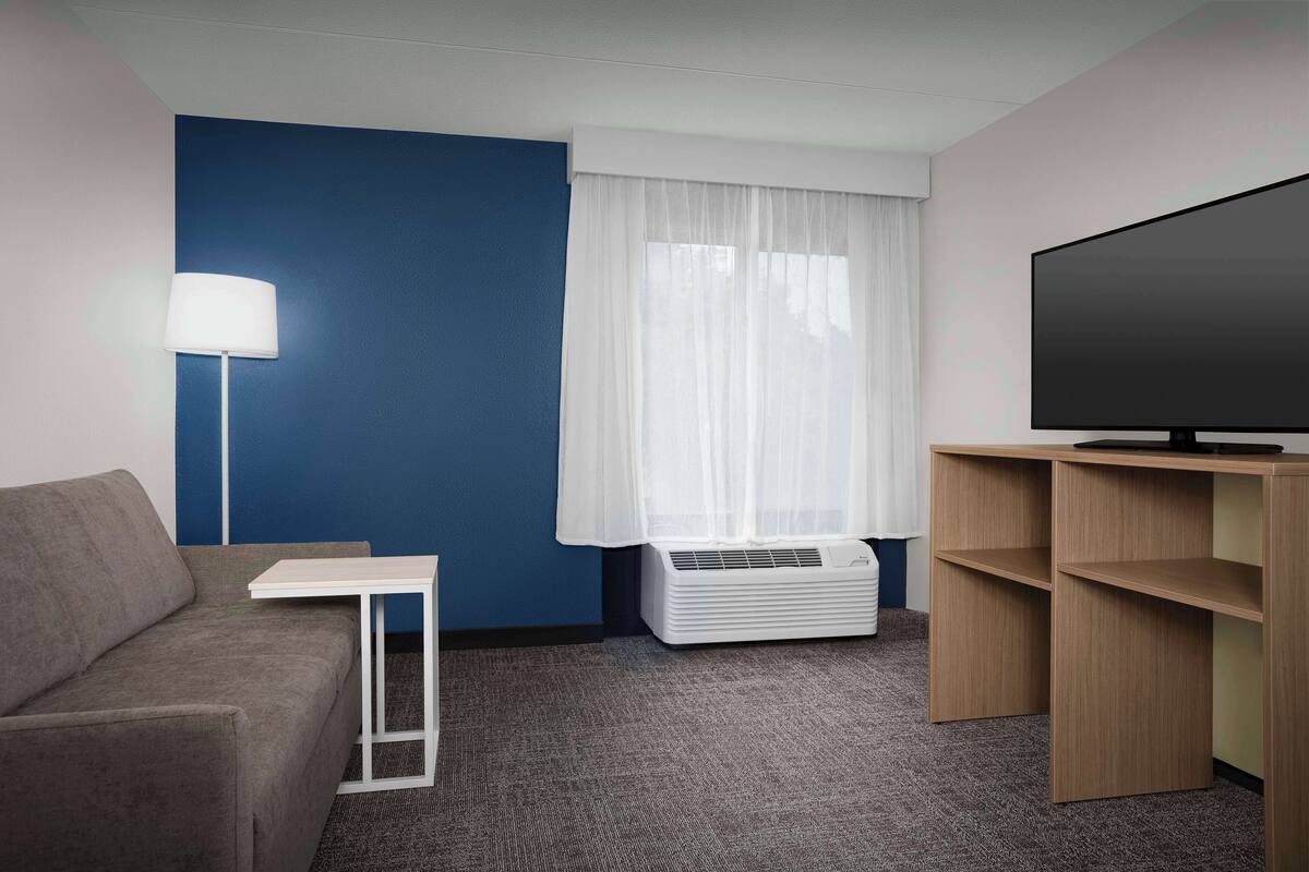 Une chambre d’hôtel avec un canapé gris, une petite table blanche, un téléviseur posé sur un meuble en bois, une fenêtre avec des rideaux légers et un climatiseur blanc.