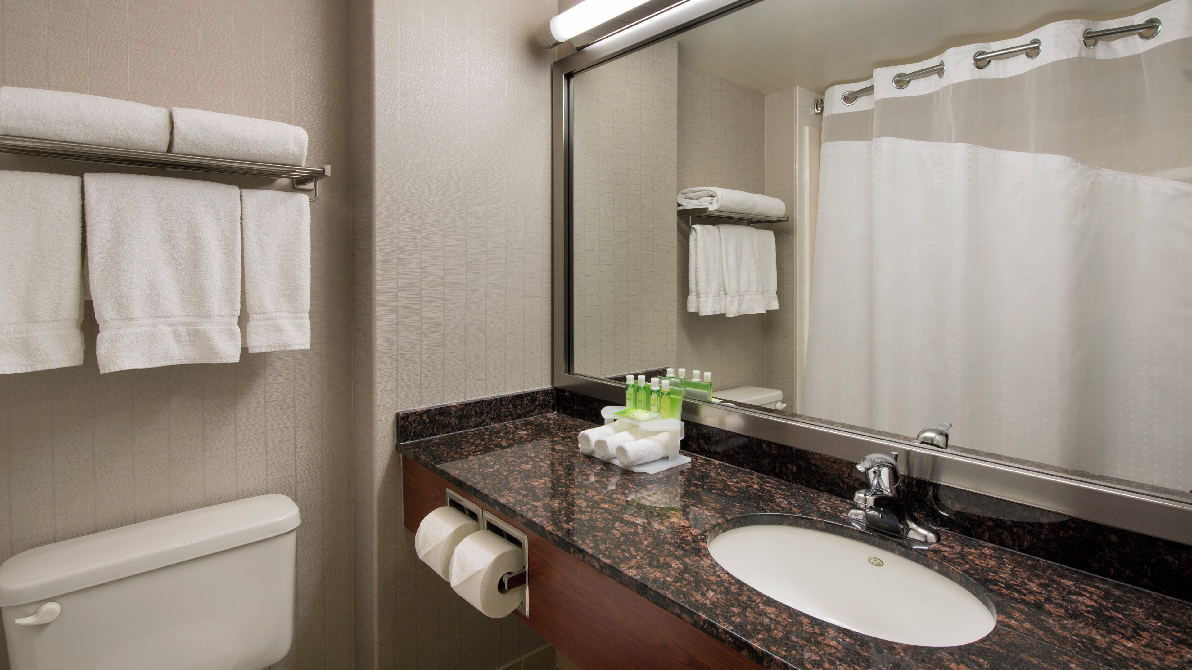 A bathroom with a toilet, sink, mirror, towel rack, and shower curtain.