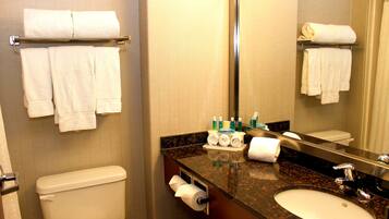 Combined shower/tub, free toiletries, hair dryer, towels