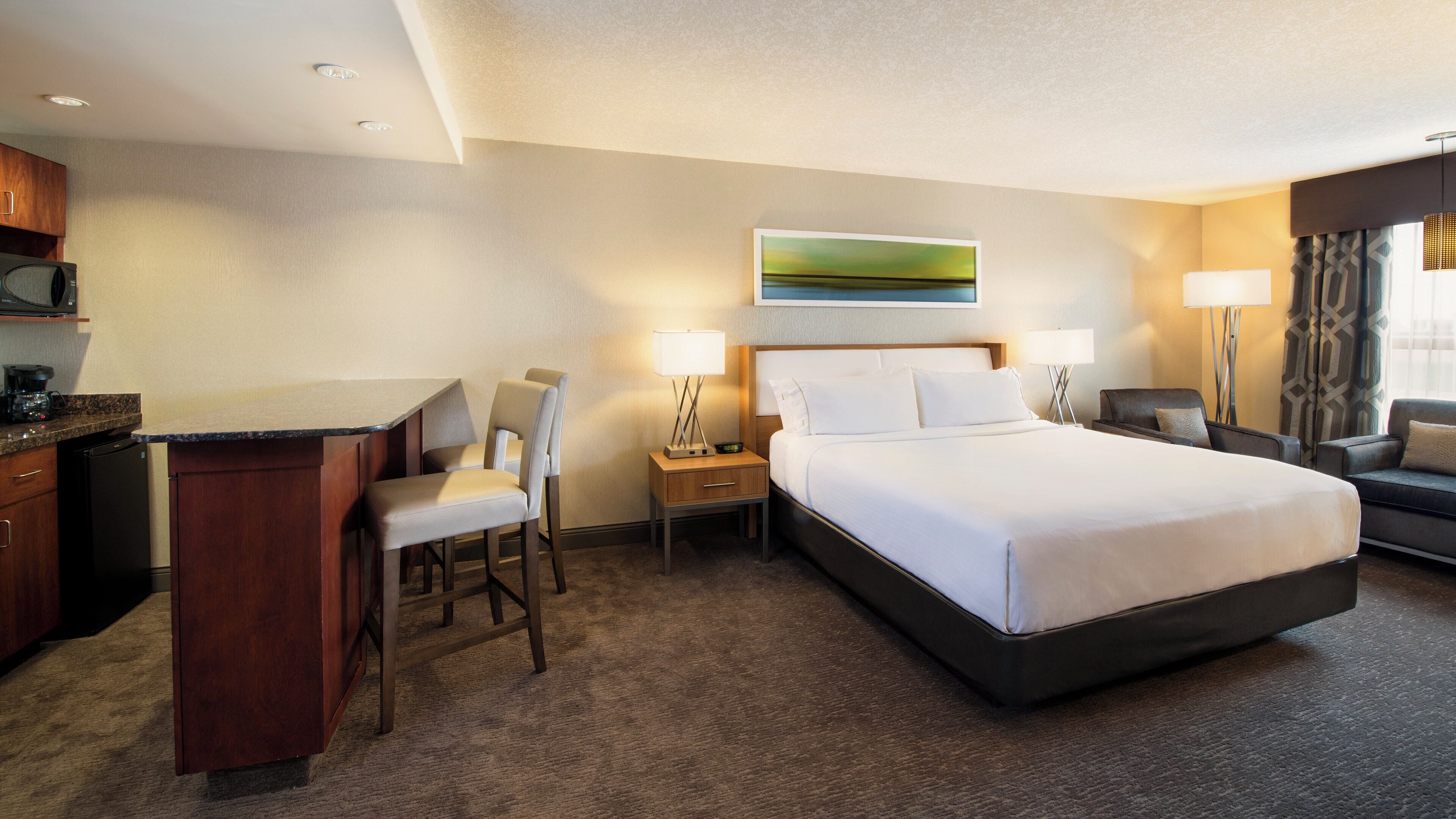 Habitación de hotel con cama, escritorio, silla, mesita de noche, lámpara, sofá y un cuadro en la pared.