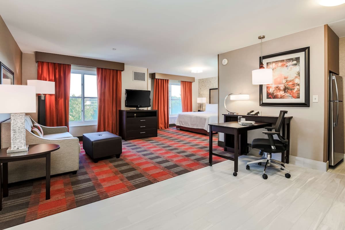 A hotel room with a bed, a desk, a chair, a television, and a window with curtains.