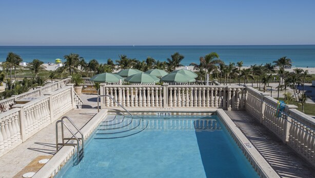 A pool with a view of the ocean, surrounded by palm trees and a balustrade.