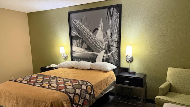 Une chambre d’hôtel avec un lit, deux lampes de chevet, une table de nuit, une chaise et un grand tableau abstrait accroché au mur.