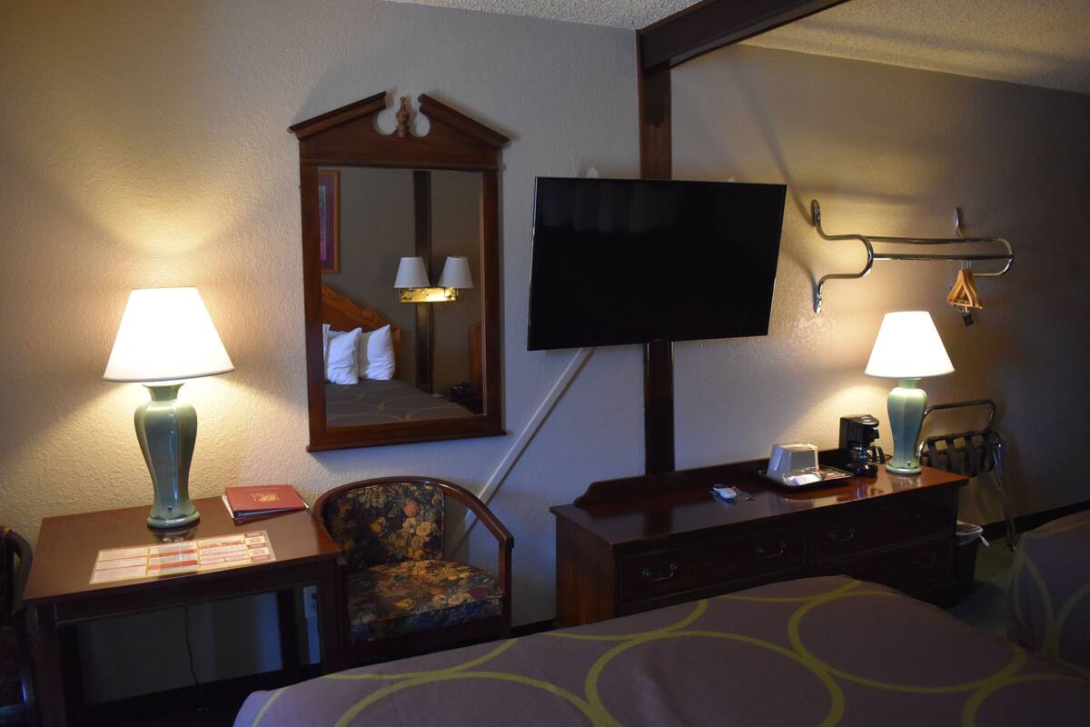 A hotel room with a bed, a desk with a lamp, a chair, a dresser, a television, and a mirror.