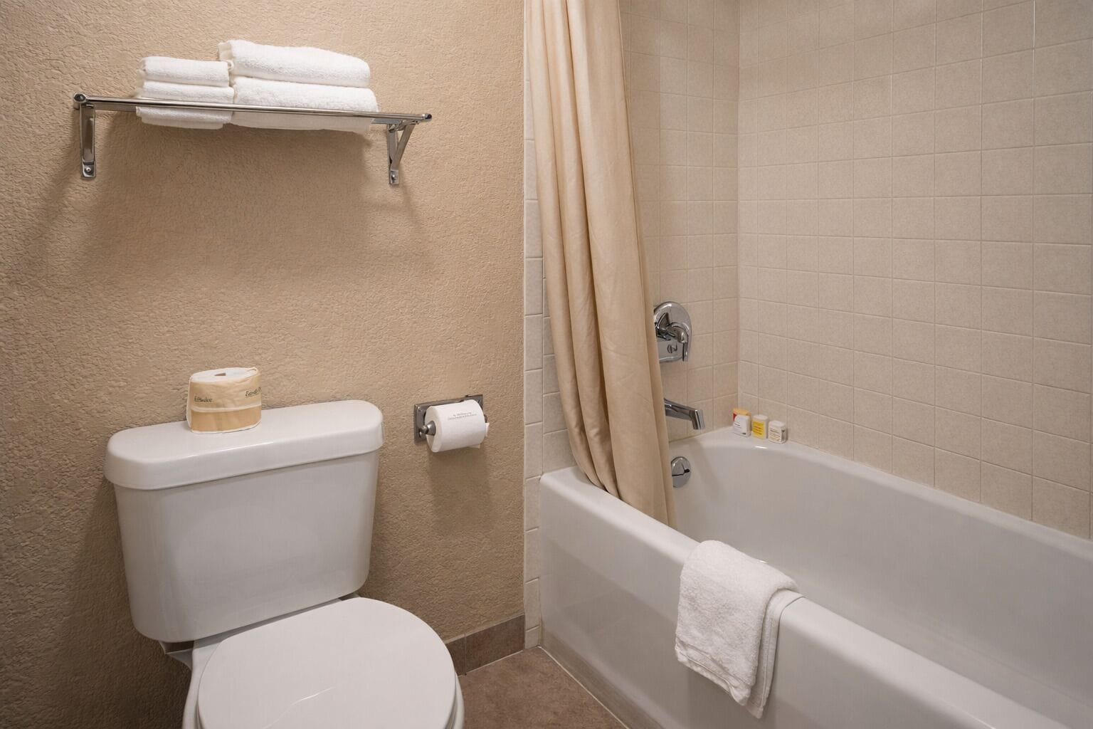 Combined shower/tub, free toiletries, hair dryer, towels