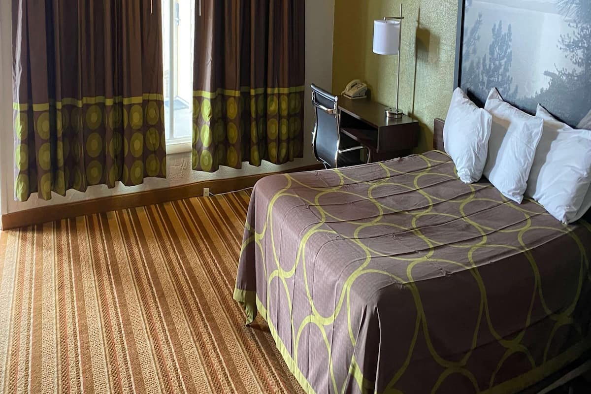 A hotel room with a bed, a desk, a chair, a lamp, and a view of the outdoors.