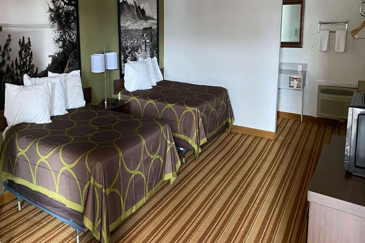 A hotel room with two beds, a desk, a chair, a mirror, and a window with a view of trees and mountains.