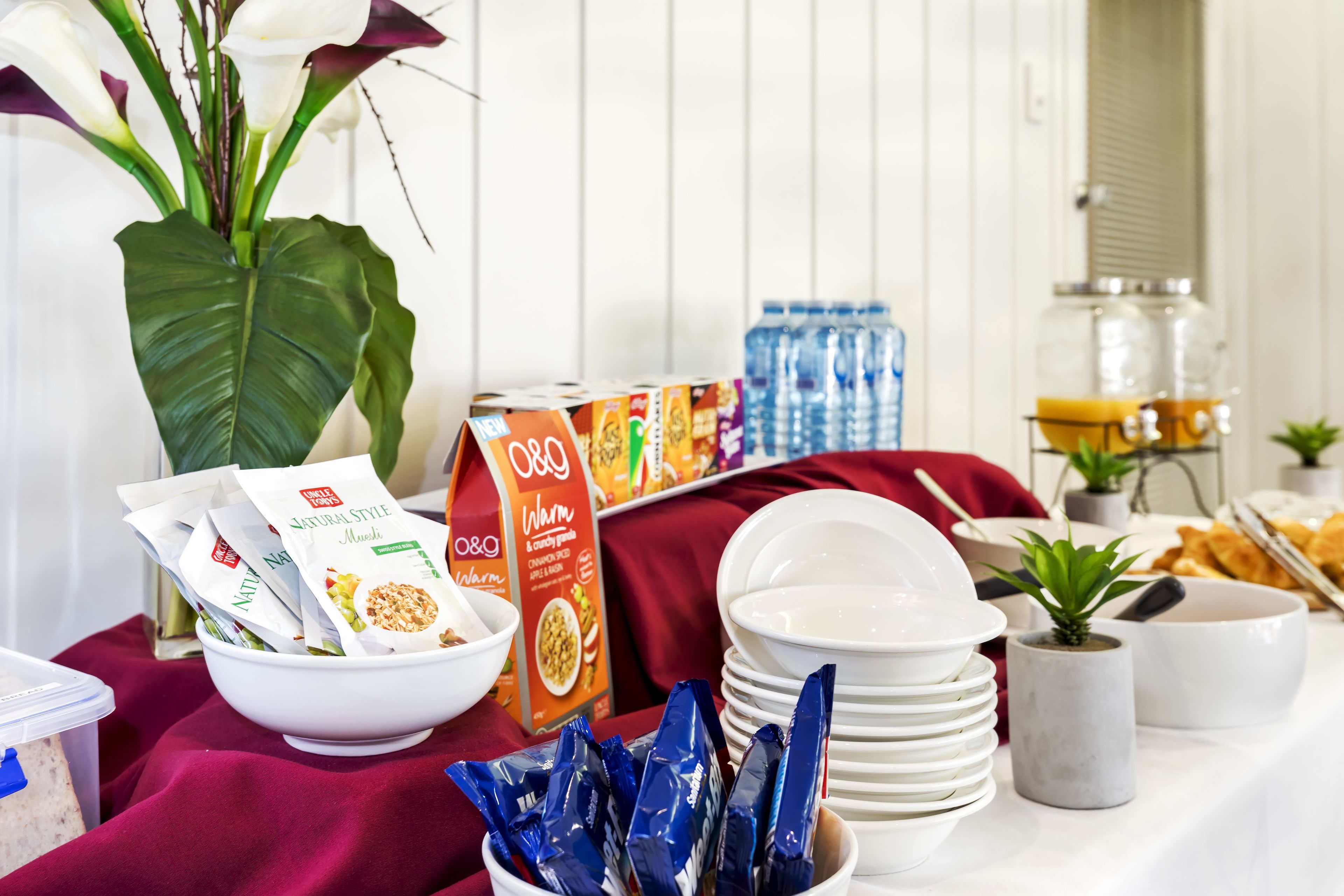 Montaje de desayuno buffet con diferentes alimentos, incluyendo cajas de cereal, un tazón de cereal y una pequeña planta en maceta.