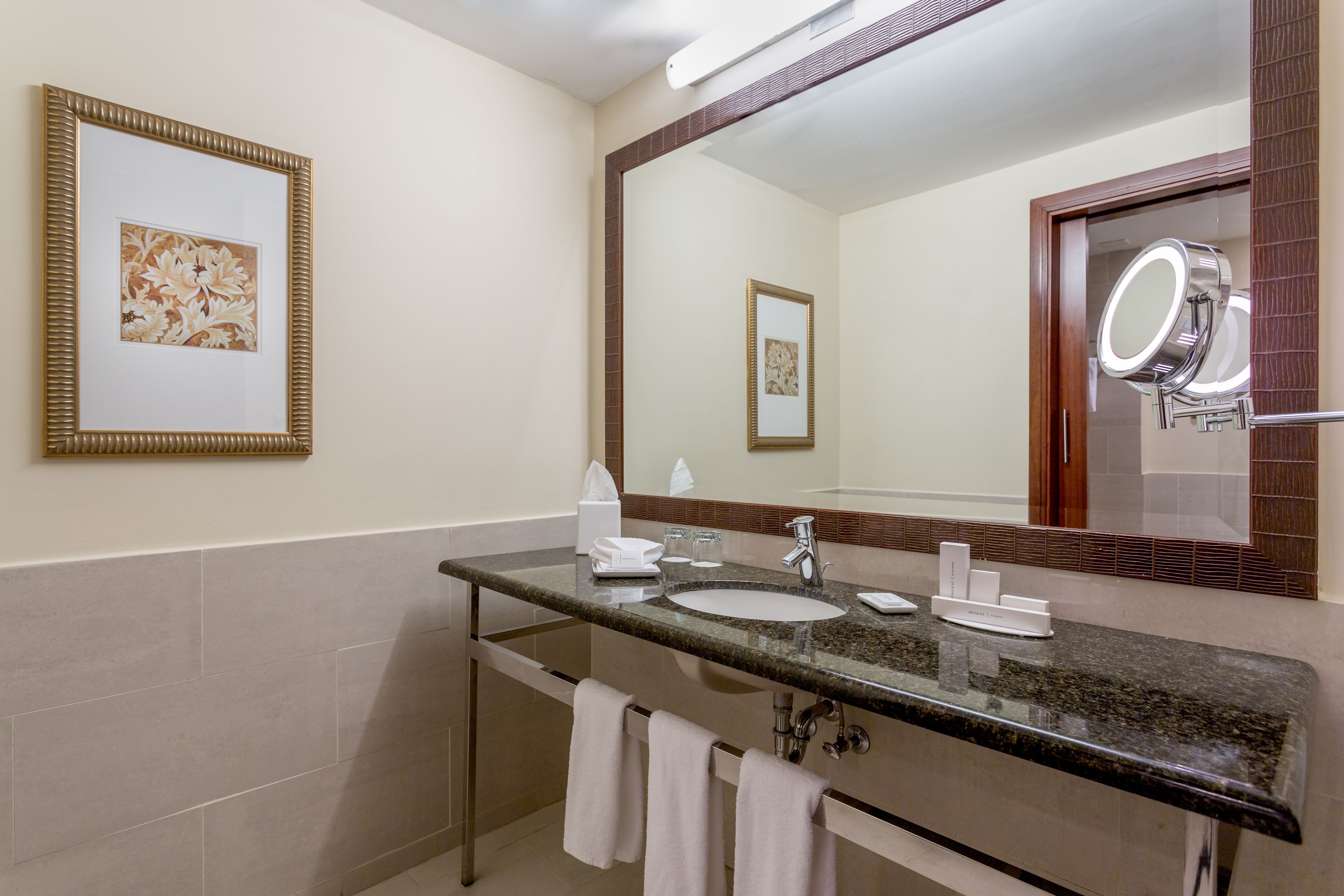 Un baño con encimera de granito, un lavamanos, un espejo y dos cuadros en la pared.