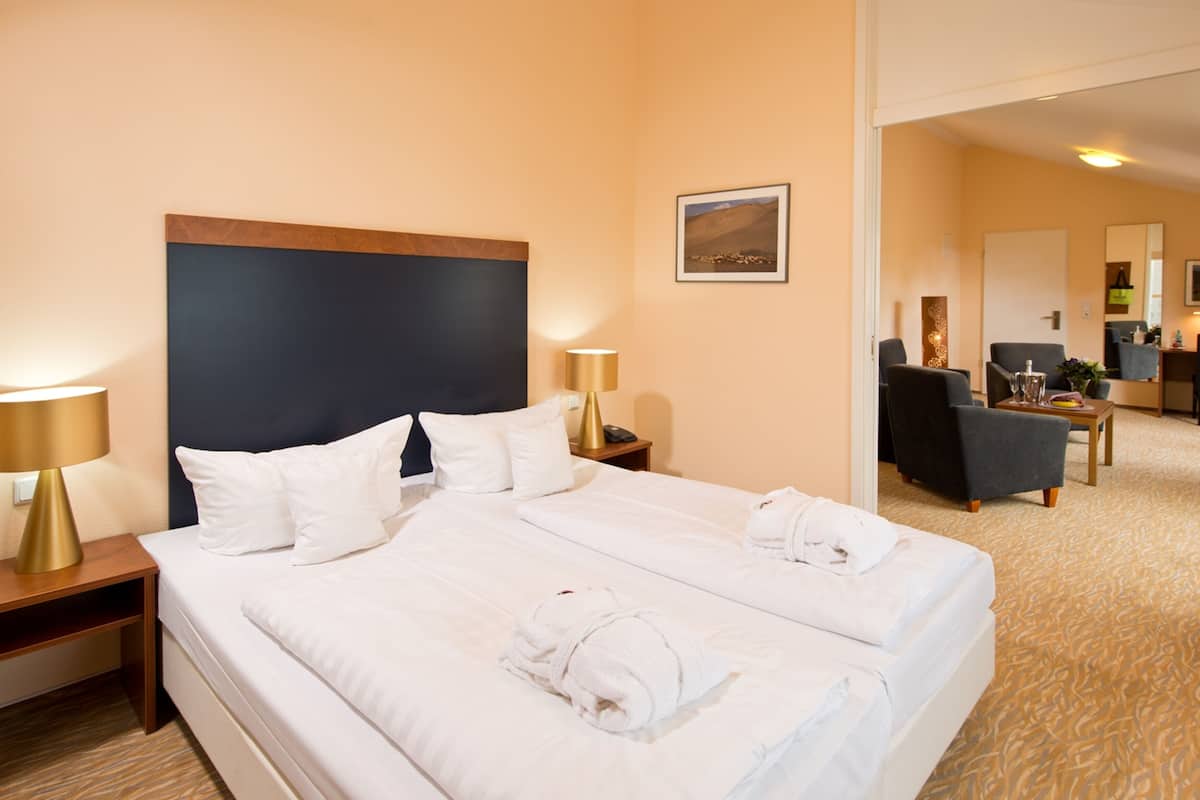 Habitación de hotel con una cama grande, dos mesitas de noche con lámparas, una silla y una pequeña mesa con una planta.