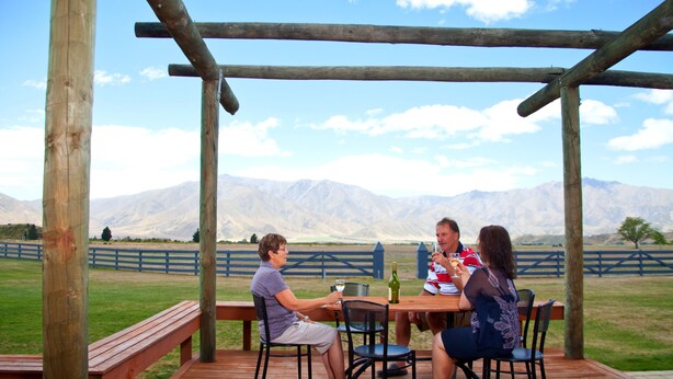 A wooden deck with a table and chairs, overlooking a grassy field and mountains. - Discovery Countrytime Hotel (Omarama)
