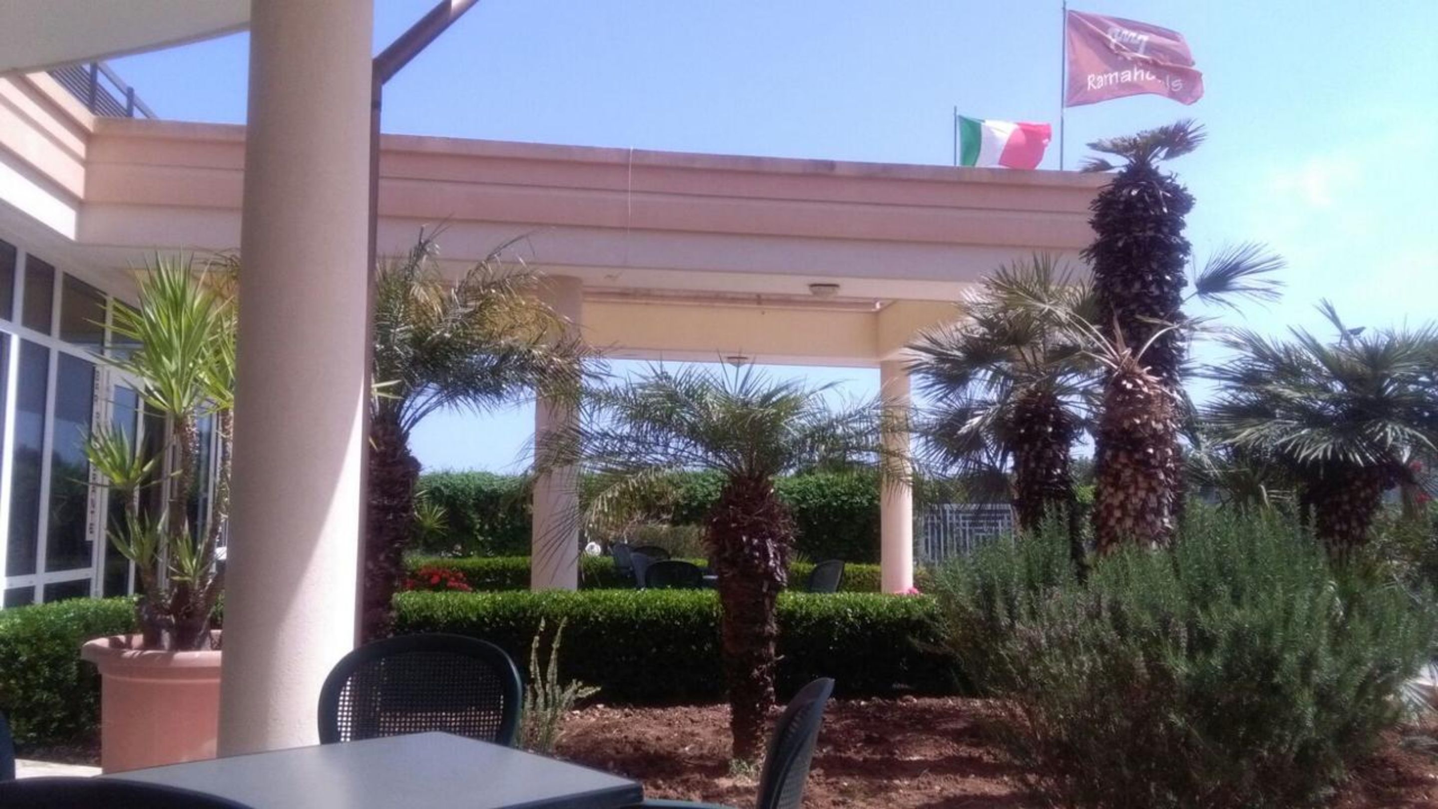 Un espacio patio al aire libre con una pérgola, palmeras y una bandera.