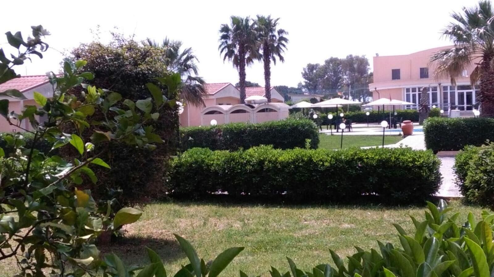 Un jardin avec des haies soigneusement taillées, un palmier et, au fond, un bâtiment doté de fenêtres en arc de cercle.