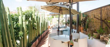 An outdoor patio with white tables and chairs, a large umbrella, and a variety of potted plants and cacti.