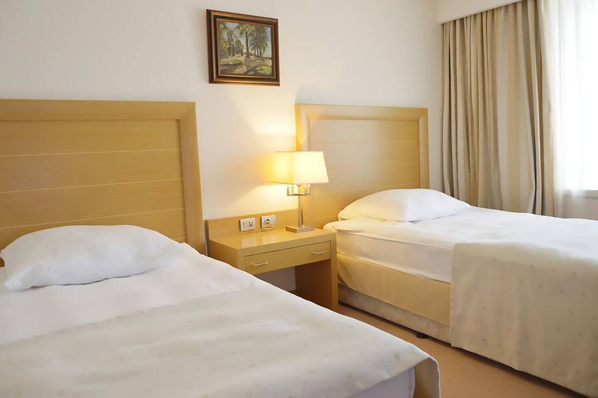 Ein Hotelzimmer mit zwei Einzelbetten, einem Nachttisch mit Lampe, einem kleinen Gemälde an der Wand und einem Fenster mit Vorhängen.