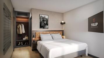 Desk, blackout drapes, soundproofing, iron/ironing board