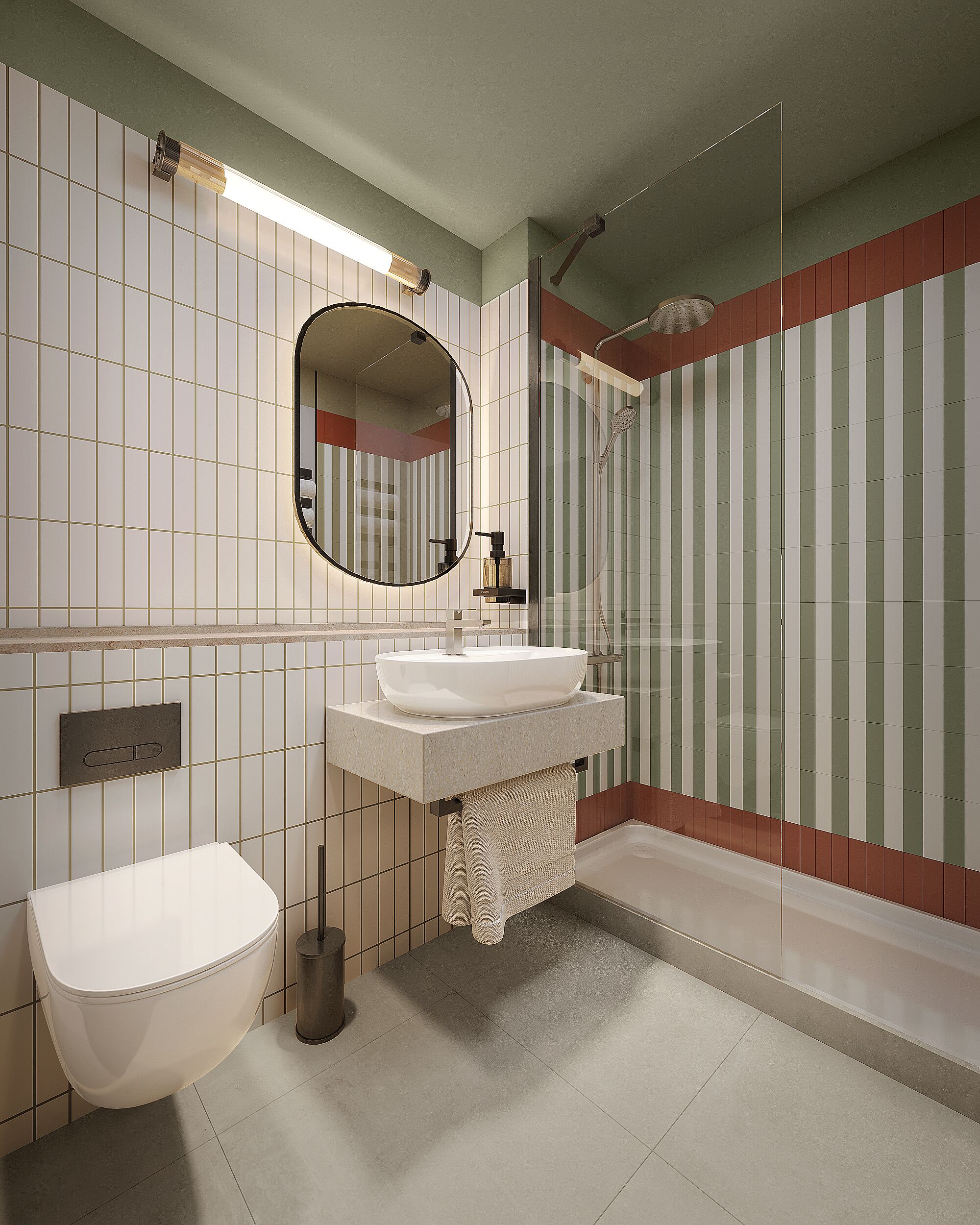 Een bad/douchecombinatie,  milieuvriendelijk toiletgerief