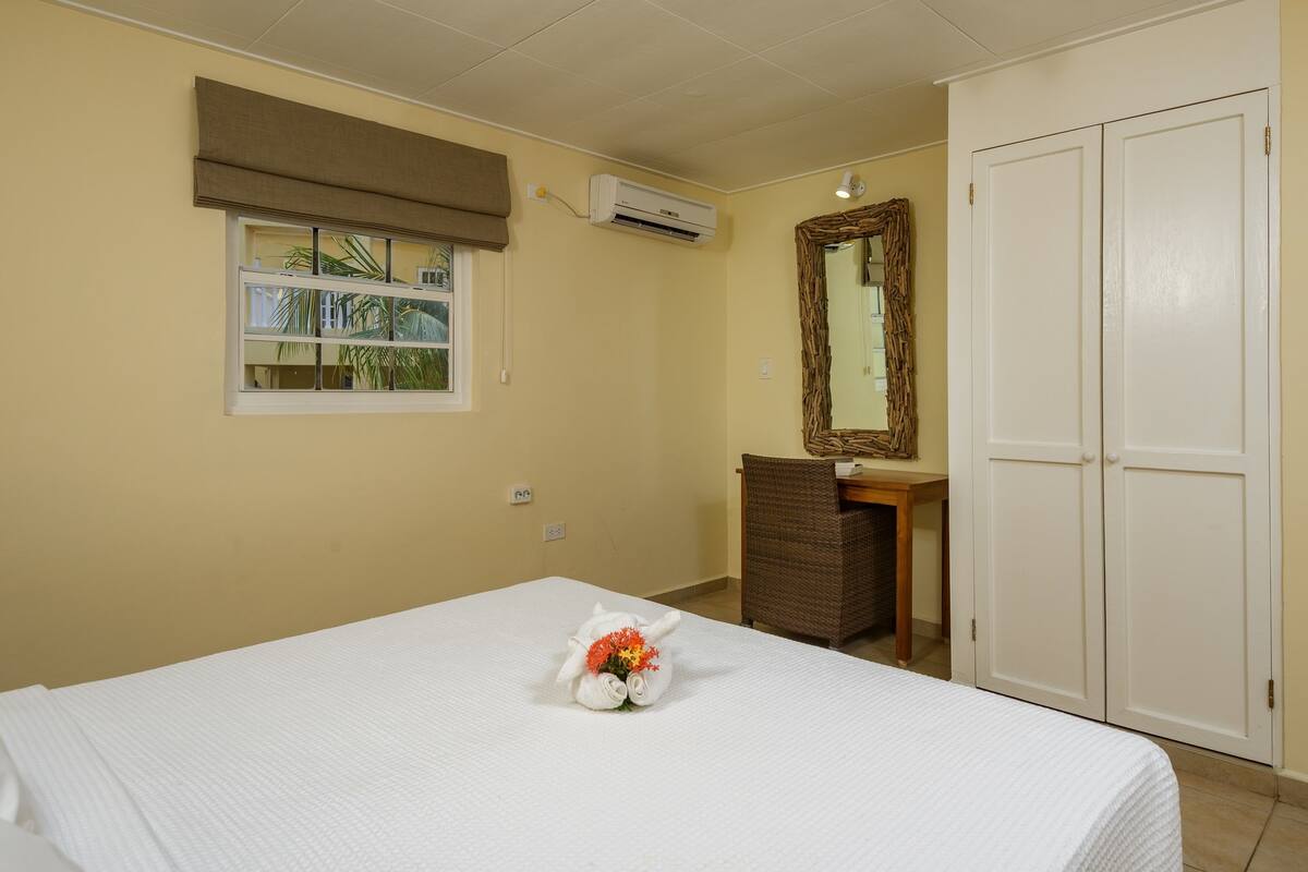 A hotel room with a bed, a window with a view, an air conditioning unit, a mirror, and a wardrobe.