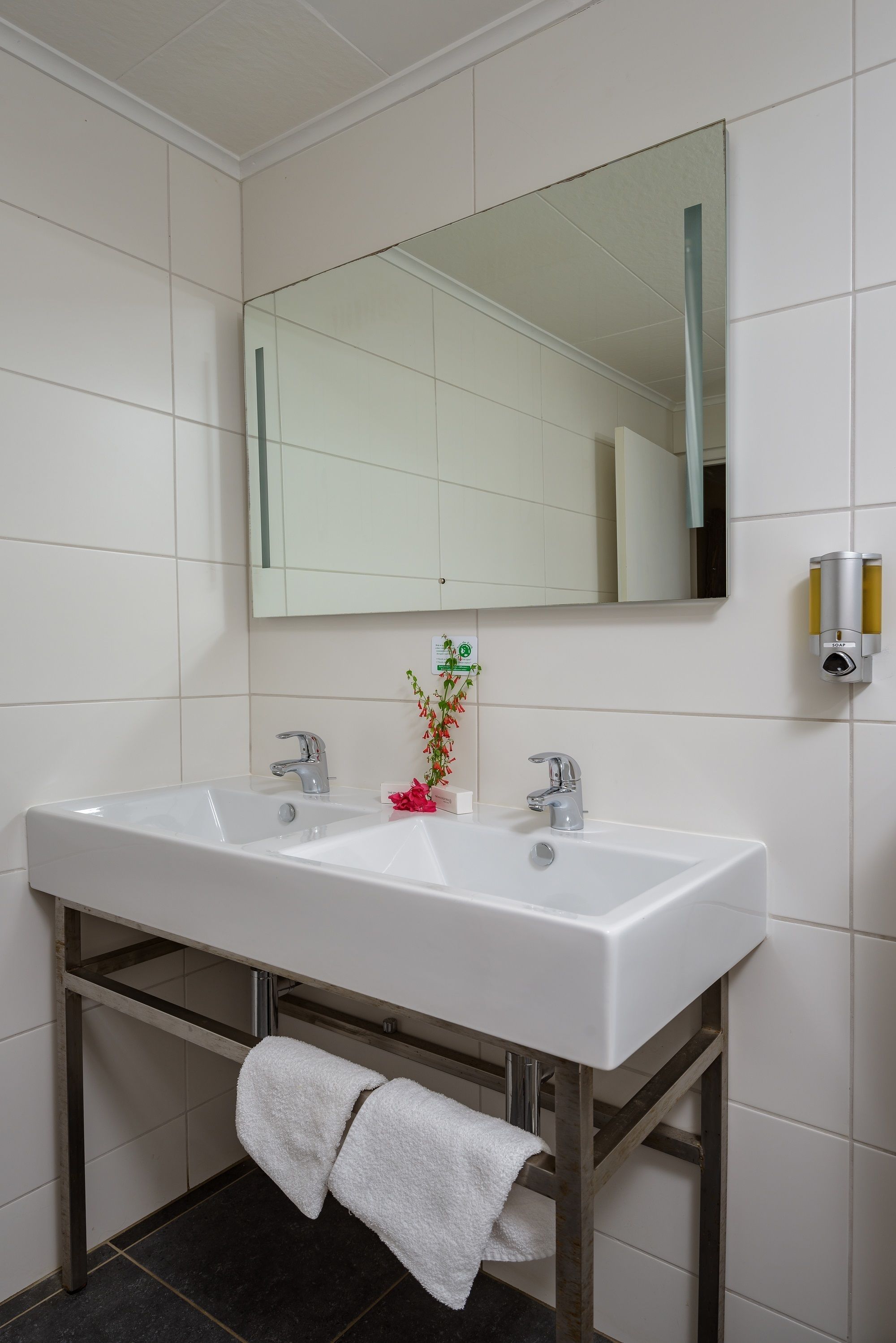 A bathroom with a white sink, two faucets, a mirror, and a towel rack.