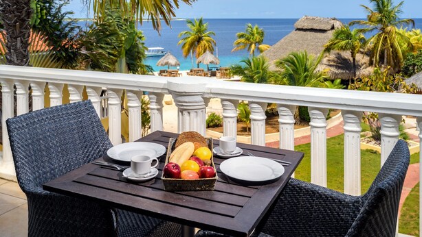 A dining table with a fruit basket, plates, and cups on a balcony overlooking a beach with palm trees and a thatched-roof structure. - Buddy Dive Resort (Kralendijk)