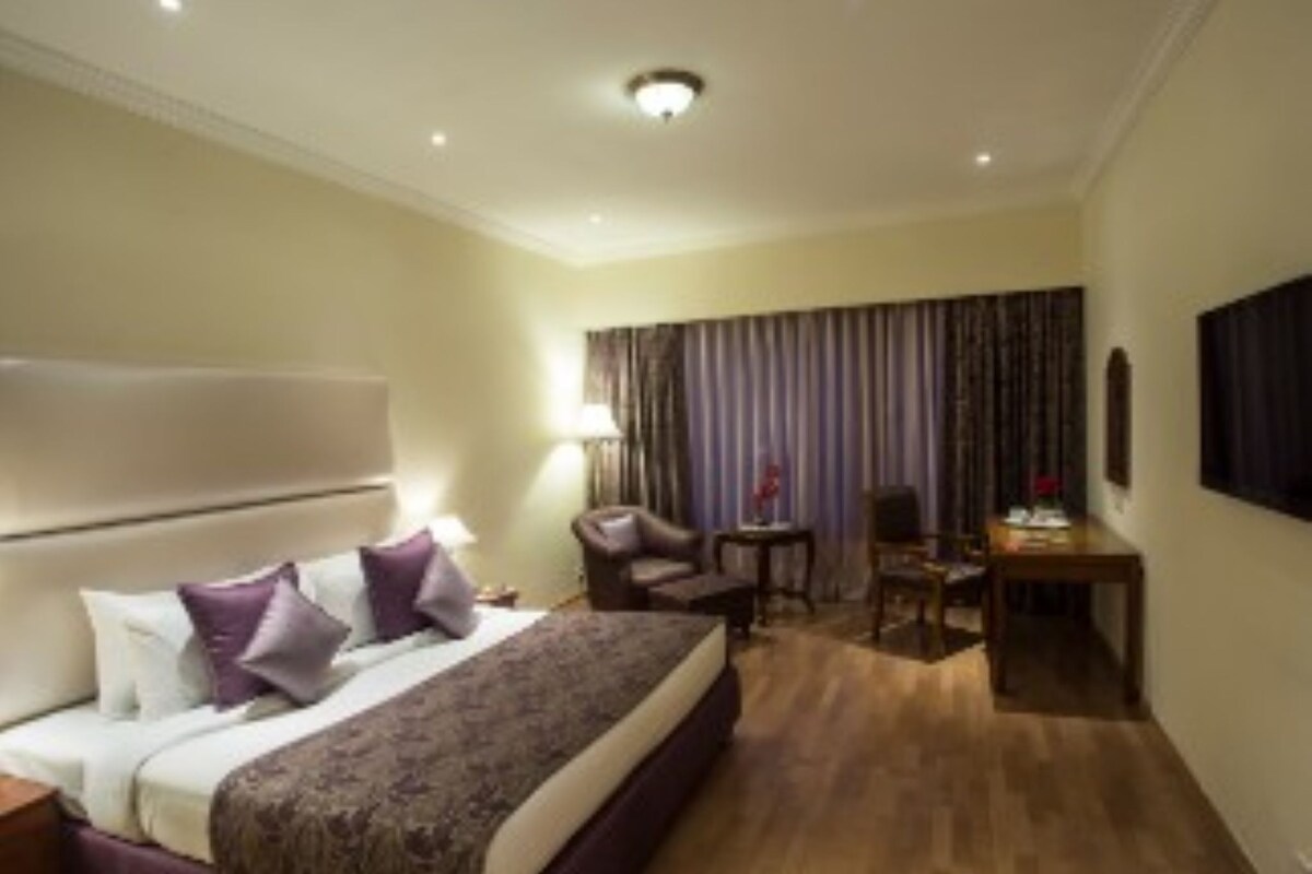 A hotel room with a large bed, a desk, a chair, a TV, and a window with curtains.