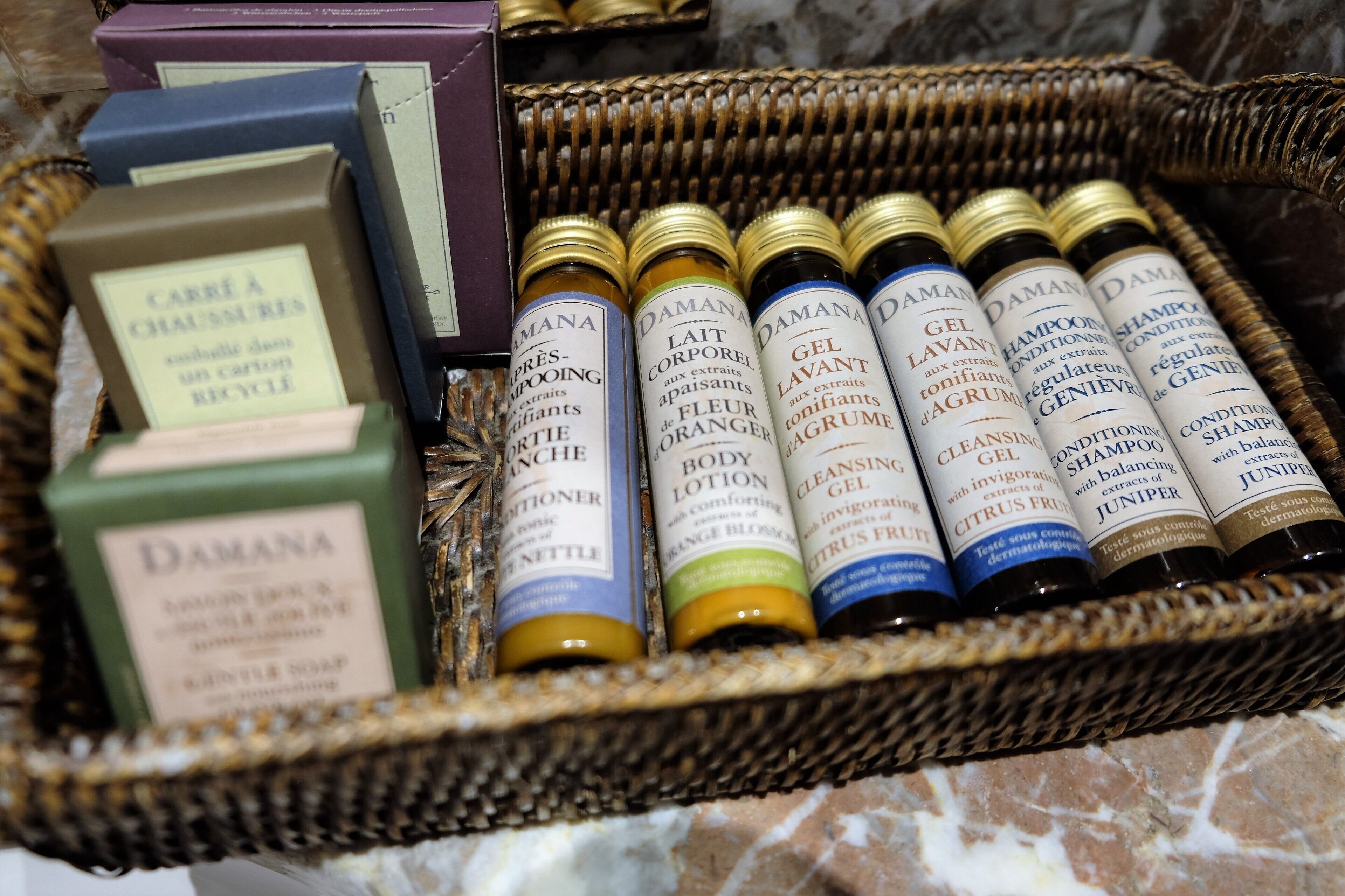 free toiletries, hair dryer, slippers, towels