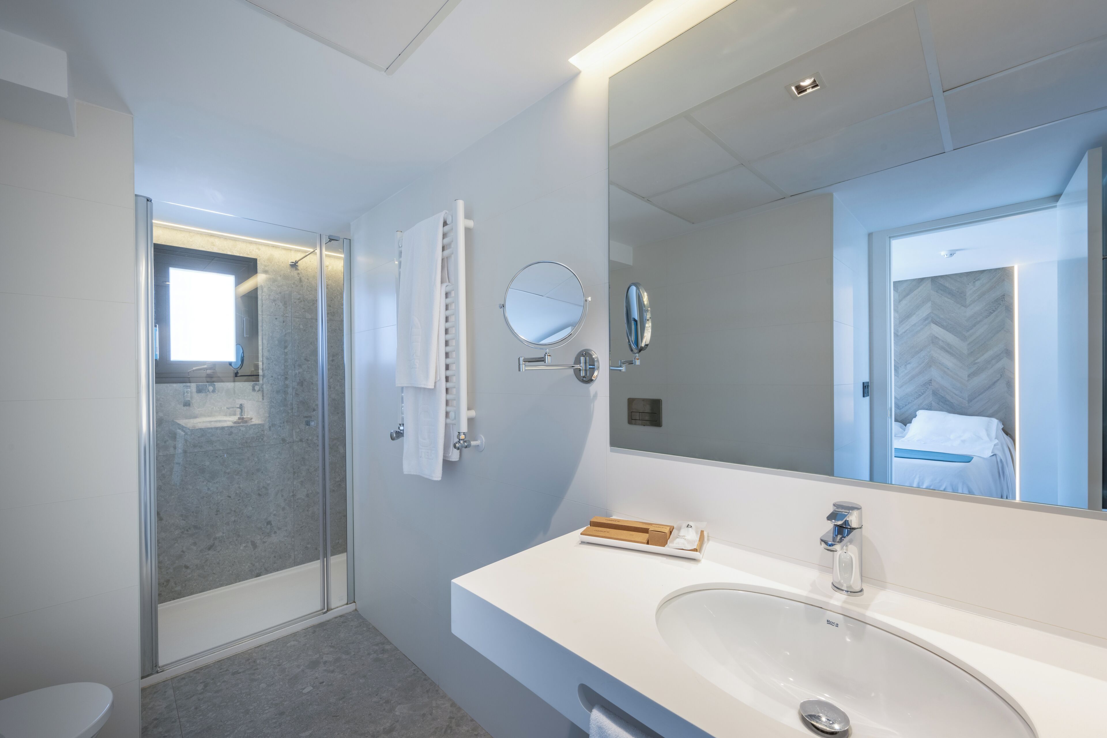 A modern bathroom with a glass shower enclosure, a white sink, and a large mirror.
