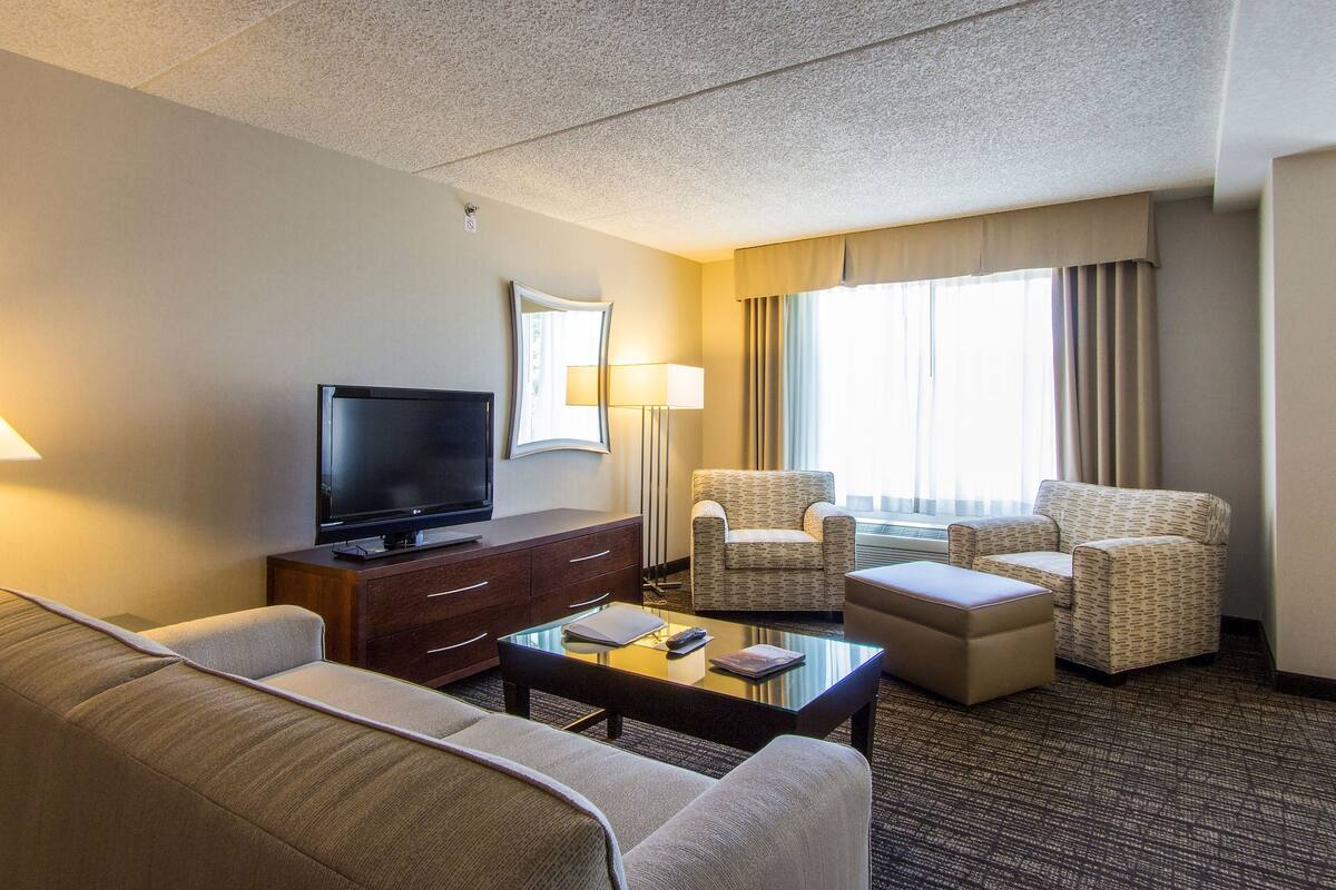Une chambre d’hôtel équipée d’un canapé, d’un fauteuil et d’un pouf, d’un téléviseur à écran plat, d’une lampe et d’une grande fenêtre avec des rideaux.