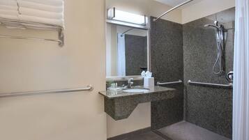 Ein Badezimmer mit Dusche, Waschbecken, Spiegel und Handtuchhalter.